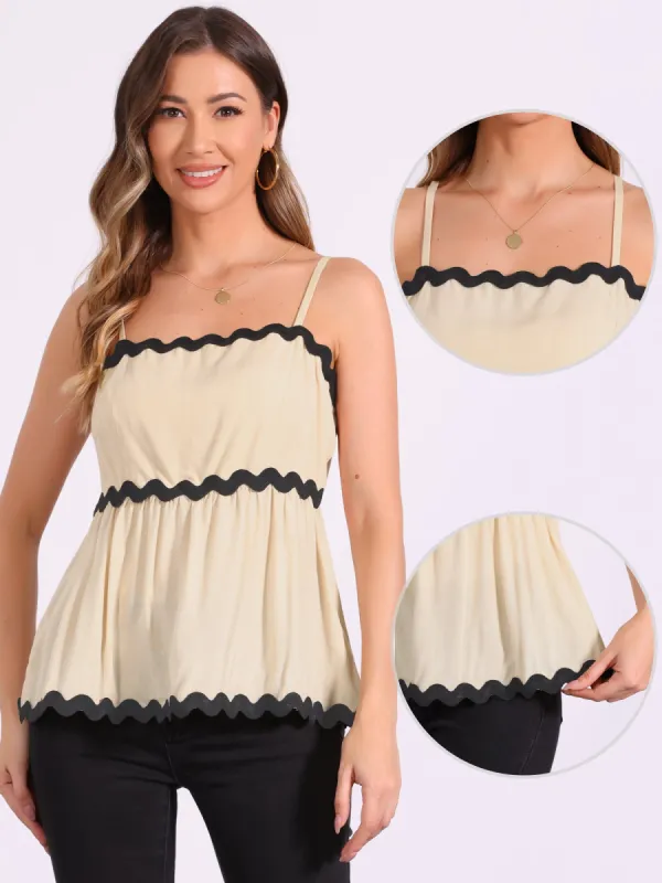 Adjustable Spaghetti Straps Sleeveless Contrast Color Peplum Tops sold by Allegra K