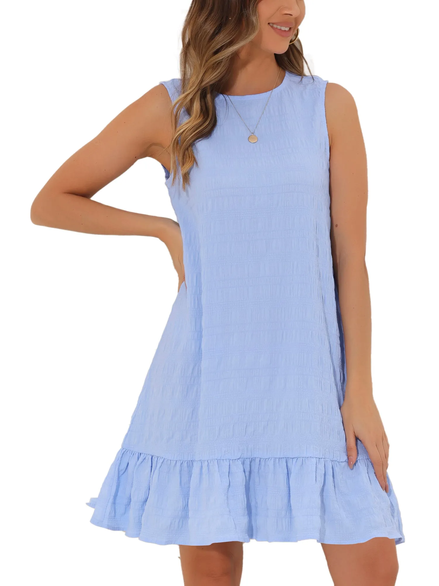 Sleeveless Round Neck Ruffle Hem Textured Casual Mini Dress sold by Allegra K product image thumbnail 5