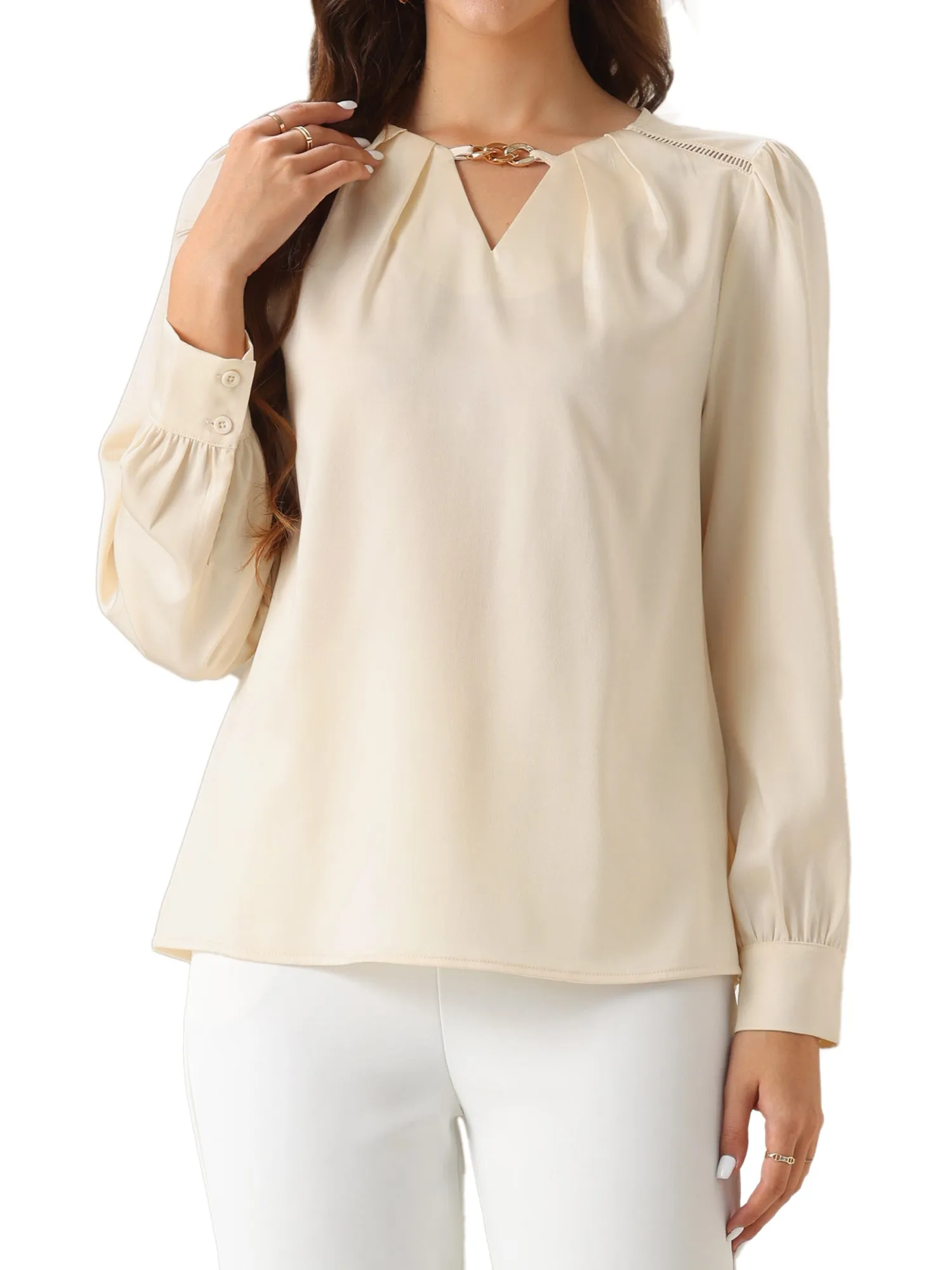 Chain Key Hole Puff Long Sleeves Work Blouse sold by Allegra K product image thumbnail 5