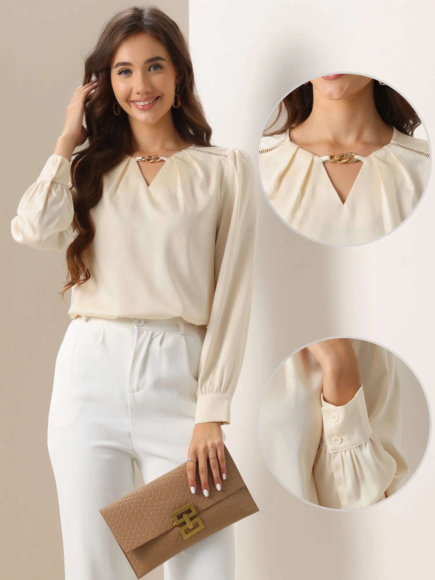 Chain Key Hole Puff Long Sleeves Work Blouse sold by Allegra K