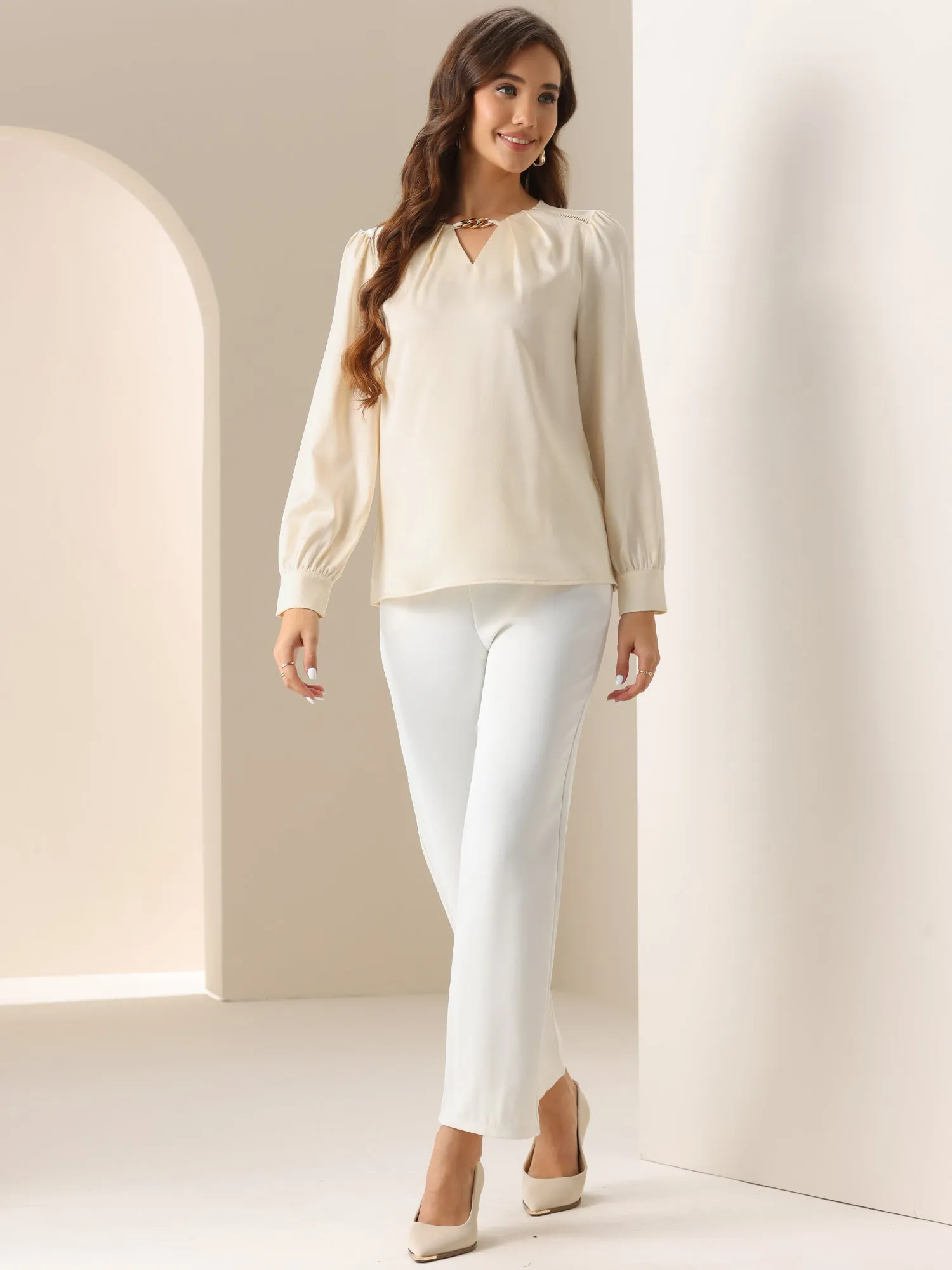 Chain Key Hole Puff Long Sleeves Work Blouse sold by Allegra K product image thumbnail 3