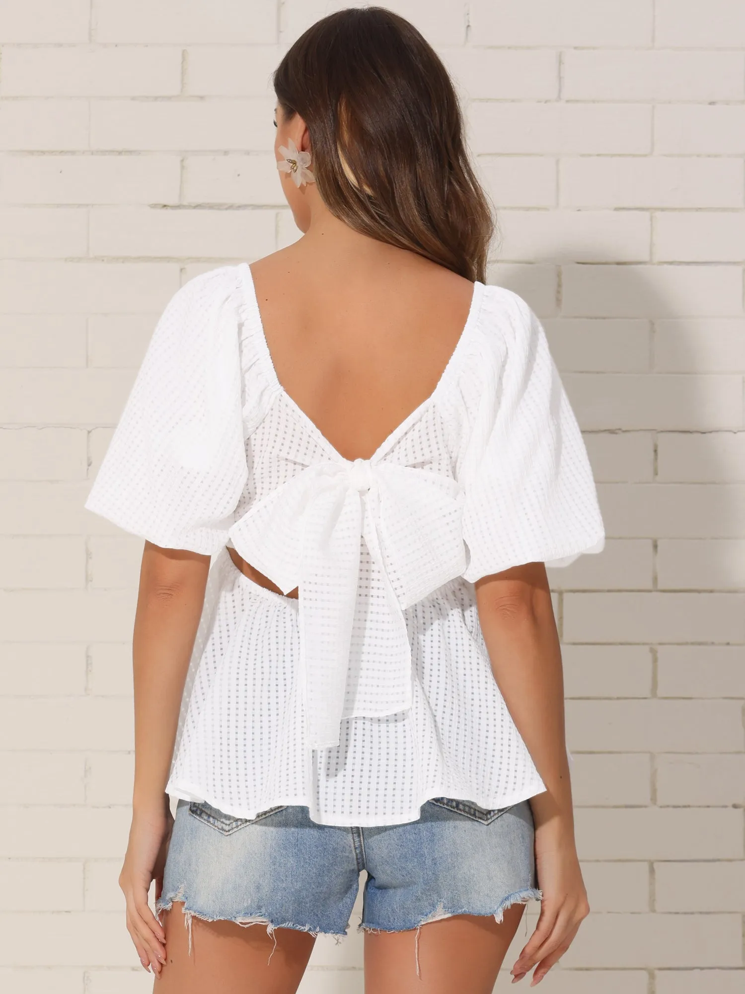Square Neck Puff Sleeves Back Bow Textured Peplum Blouse sold by Allegra K product image thumbnail 2