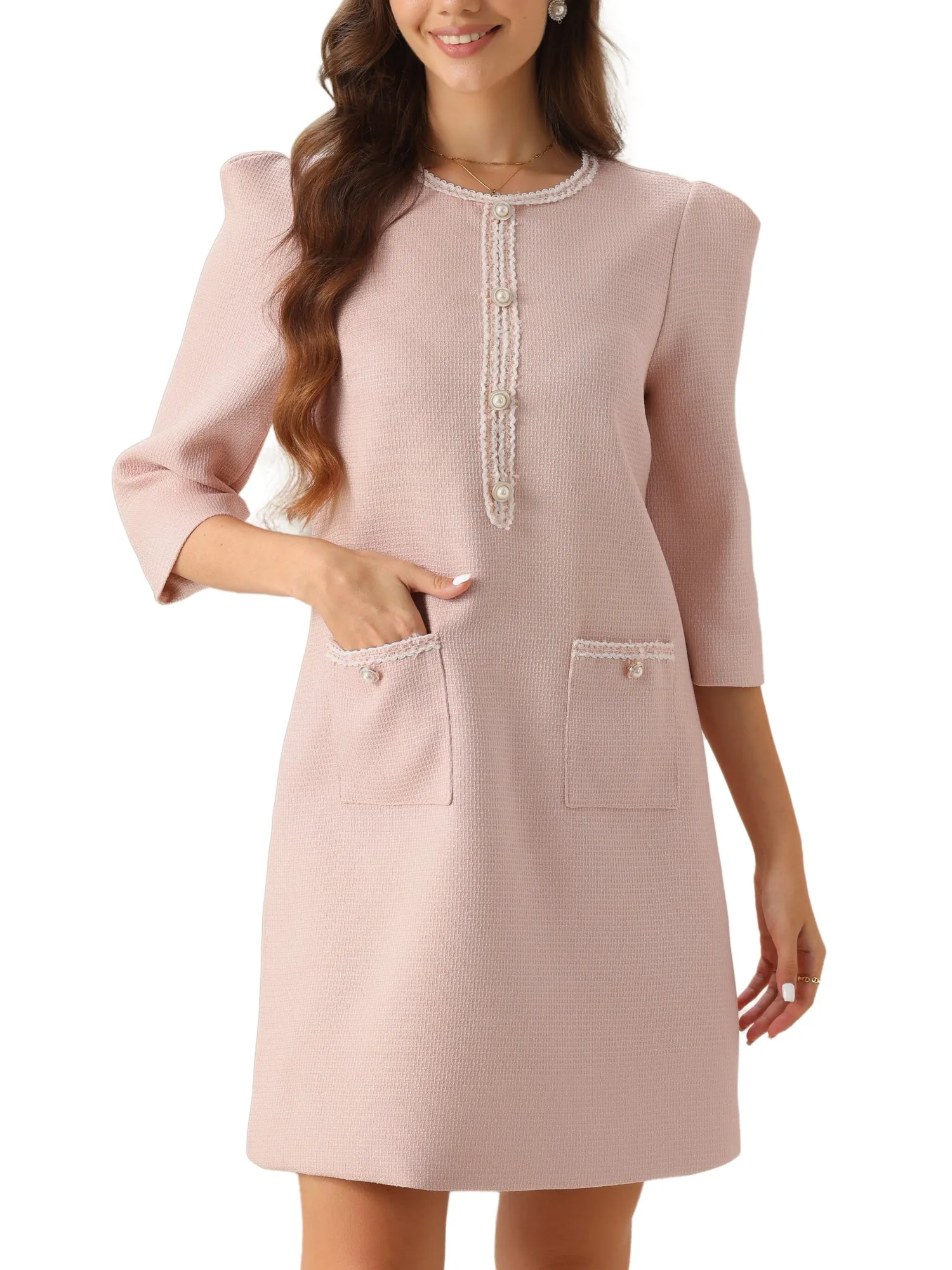 Tweed Round Neck Faux Pearl Button Puff 3/4 Sleeves Dress sold by Allegra K product image thumbnail 5