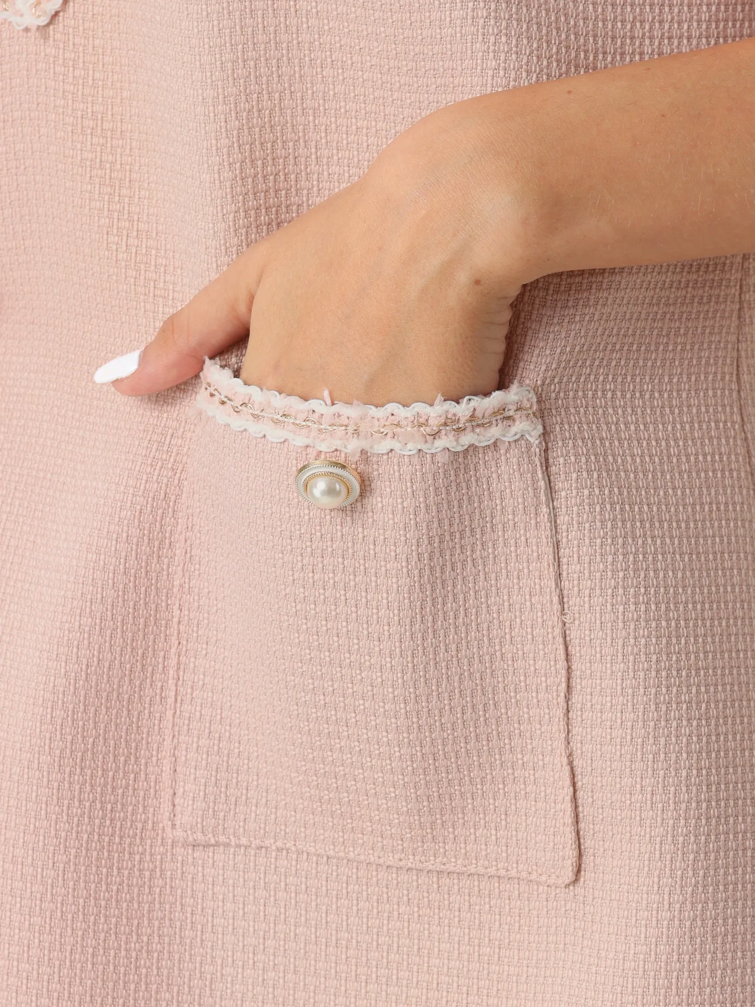 Tweed Round Neck Faux Pearl Button Puff 3/4 Sleeves Dress sold by Allegra K product image thumbnail 4