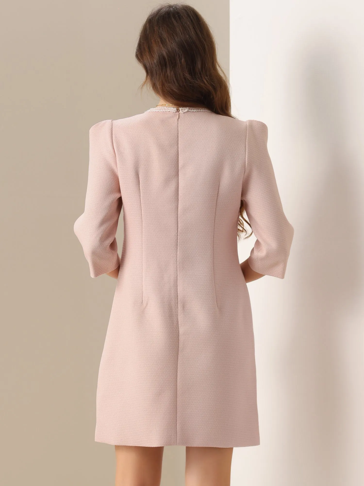 Tweed Round Neck Faux Pearl Button Puff 3/4 Sleeves Dress sold by Allegra K product image thumbnail 3