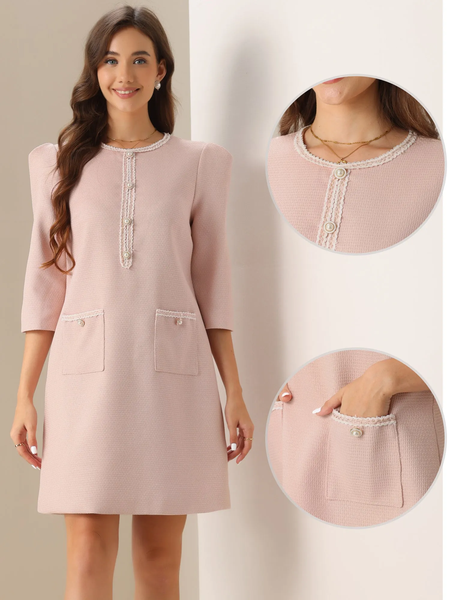 Tweed Round Neck Faux Pearl Button Puff 3/4 Sleeves Dress sold by Allegra K product image thumbnail 2