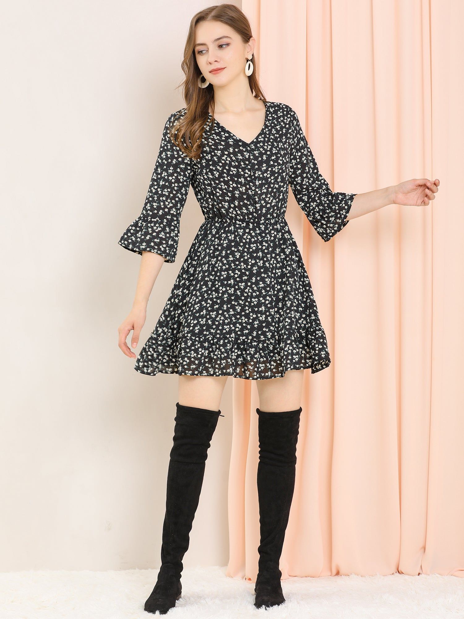 Ruffle Sleeve V Neck Elastic Waist A-Line Floral Mini Dress sold by Allegra K