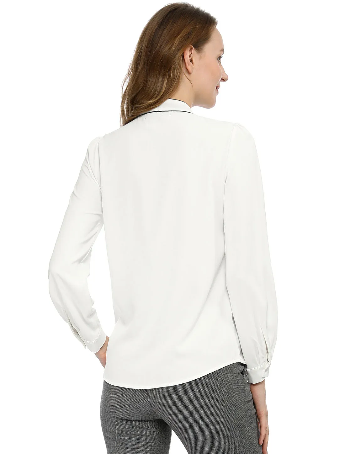 Tie Neck Contrast Color Button Down Long Sleeve Shirt sold by Allegra K product image thumbnail 5