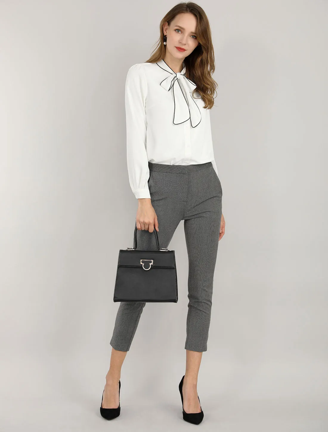 Tie Neck Contrast Color Button Down Long Sleeve Shirt sold by Allegra K product image thumbnail 3