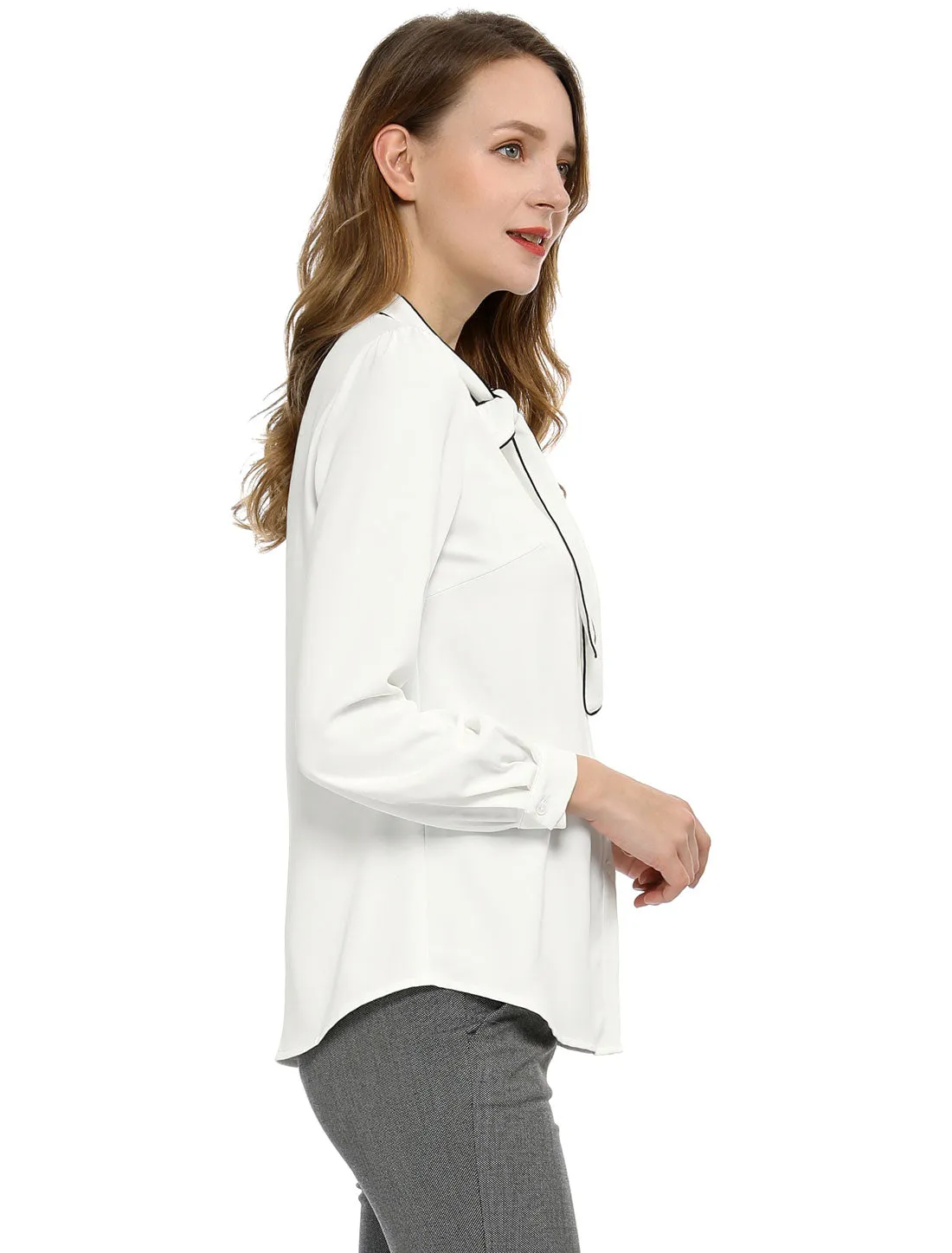 Tie Neck Contrast Color Button Down Long Sleeve Shirt sold by Allegra K product image thumbnail 4