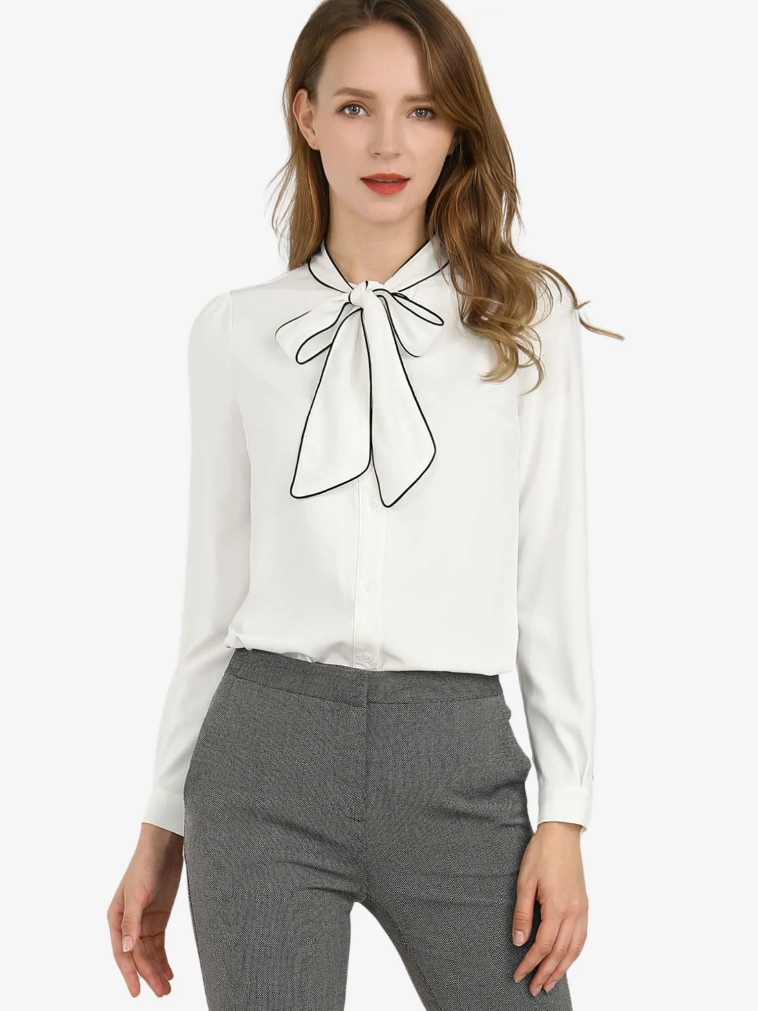 Tie Neck Contrast Color Button Down Long Sleeve Shirt sold by Allegra K