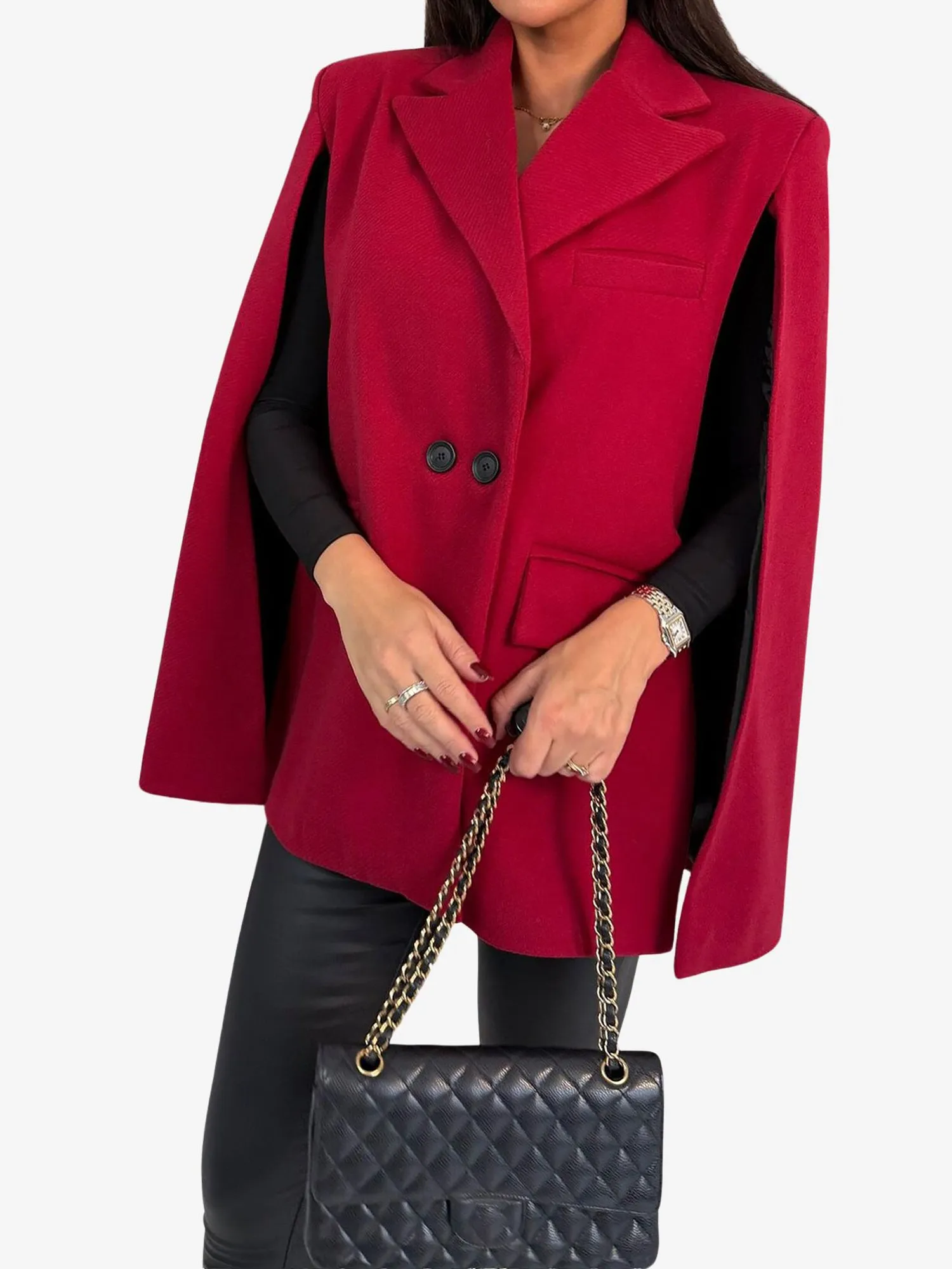 Solid Color Loose Fitting Notched Lapel Cape Coat sold by Allegra K product image thumbnail 2
