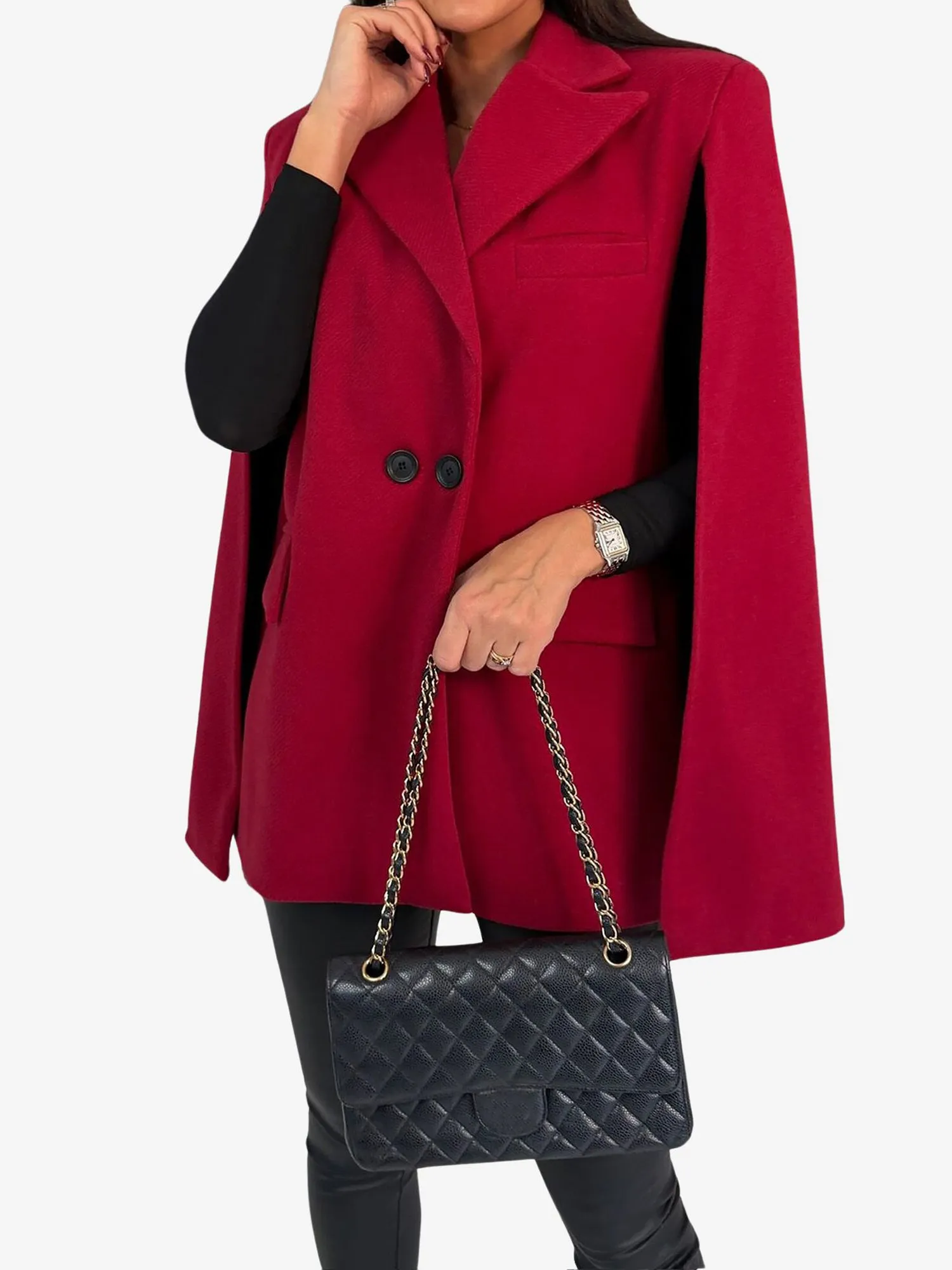 Solid Color Loose Fitting Notched Lapel Cape Coat sold by Allegra K