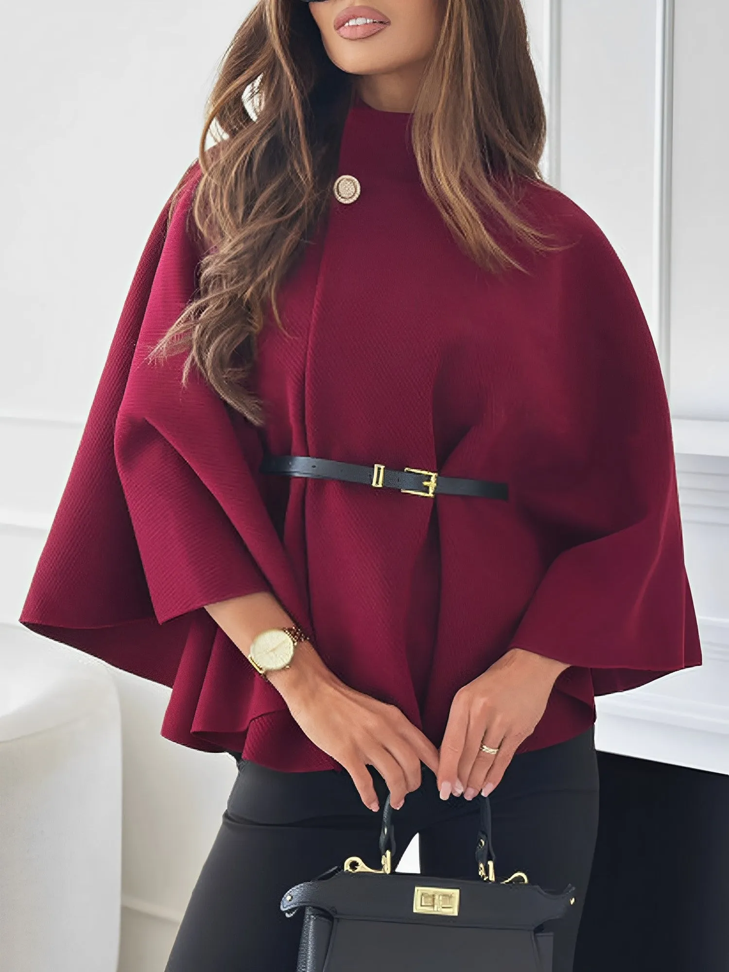 Mock Neck Belted Solid Color Cape Coat sold by Allegra K product image thumbnail 3