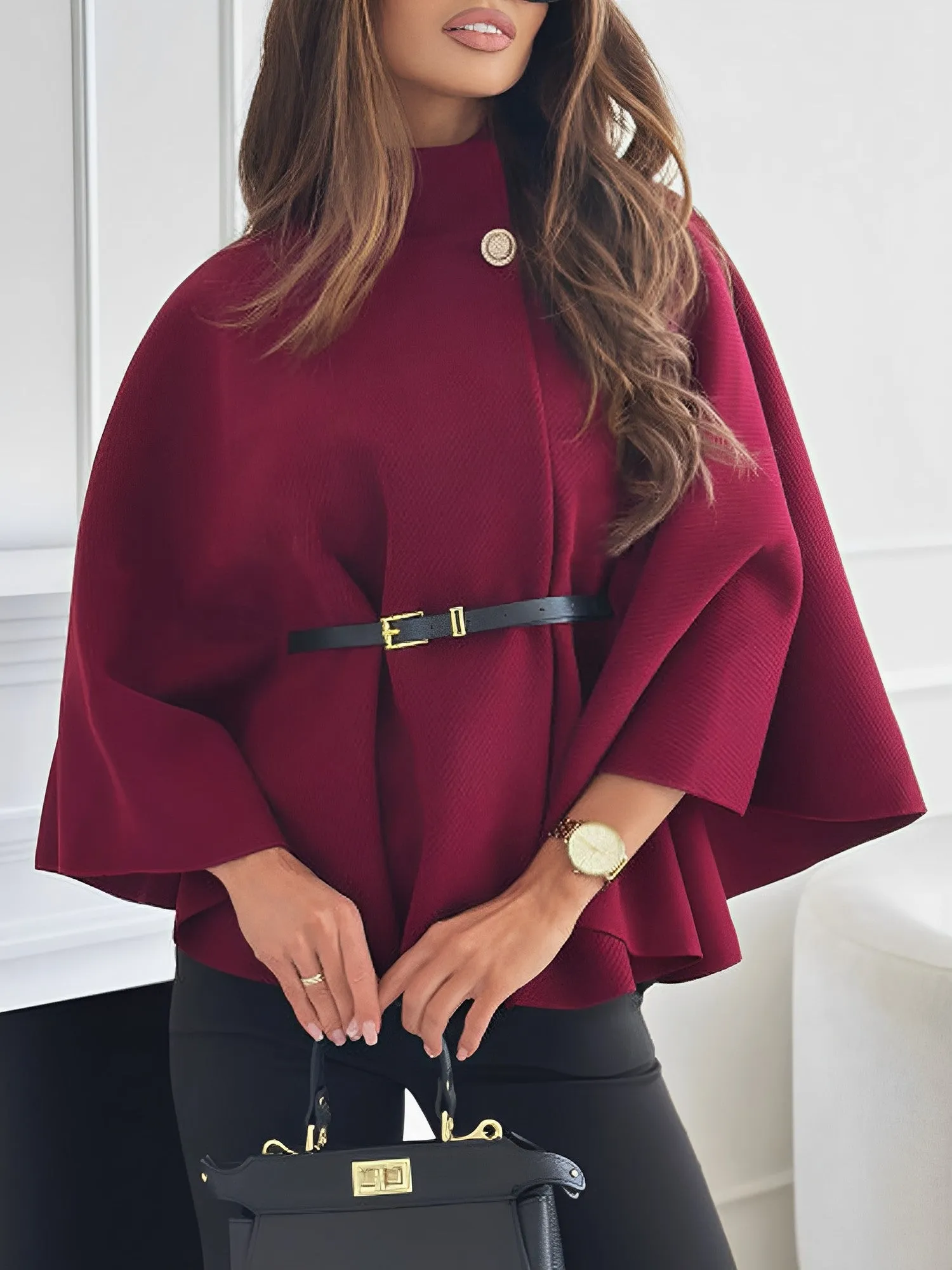 Mock Neck Belted Solid Color Cape Coat sold by Allegra K product image thumbnail 2
