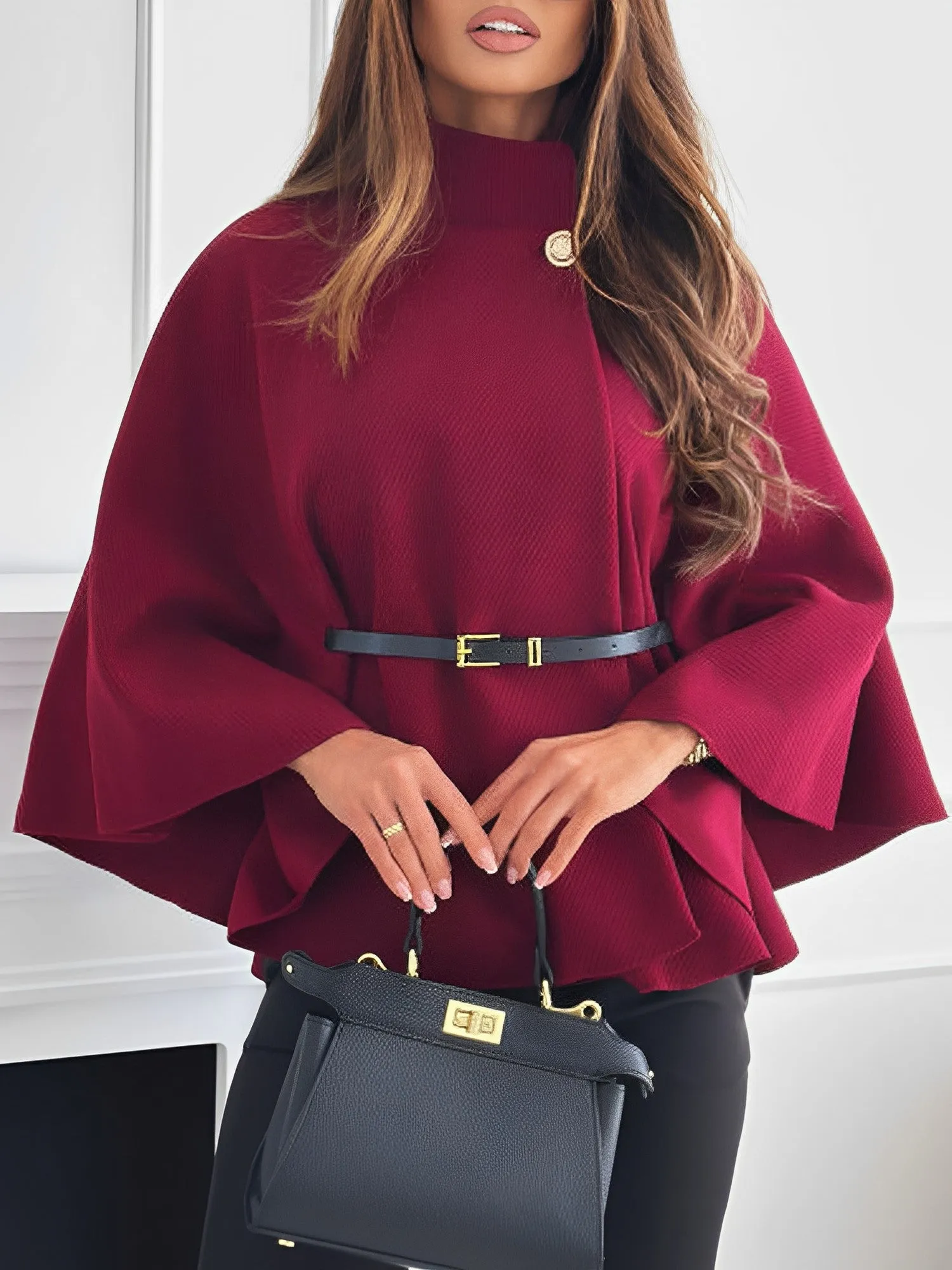 Mock Neck Belted Solid Color Cape Coat sold by Allegra K