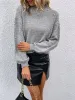 Faux Pearl Decor Solid Color Lantern Sleeve Sweater sold by Allegra K