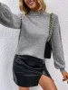 Faux Pearl Decor Solid Color Lantern Sleeve Sweater sold by Allegra K