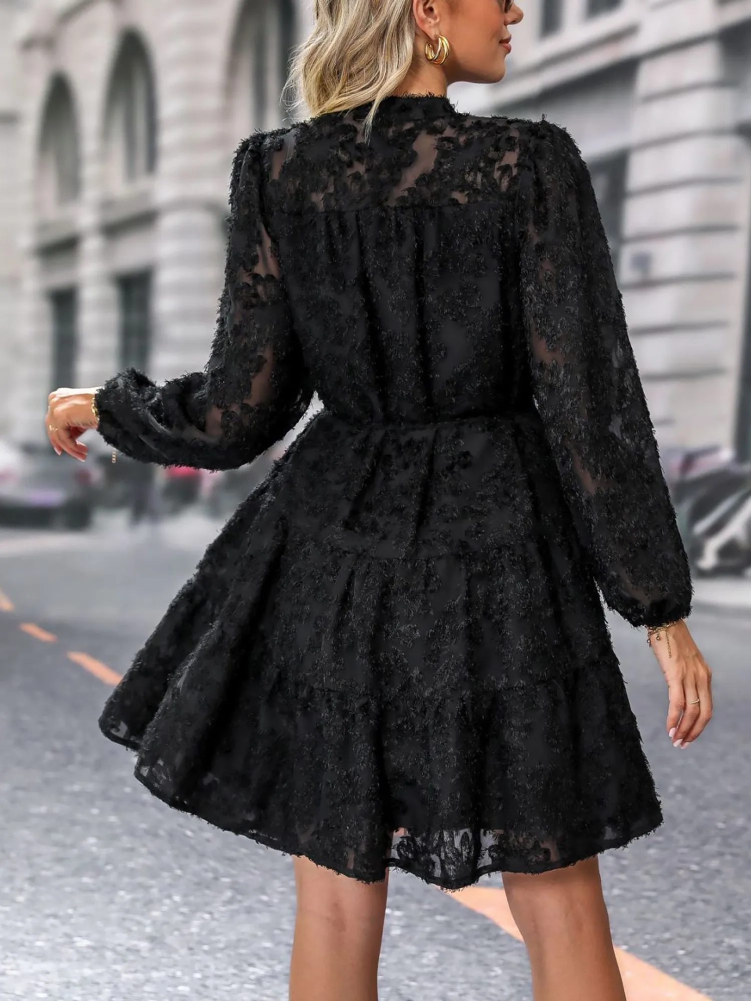 Long Sleeves Textured Button Down Tiered Shirt Dress sold by Allegra K product image thumbnail 2