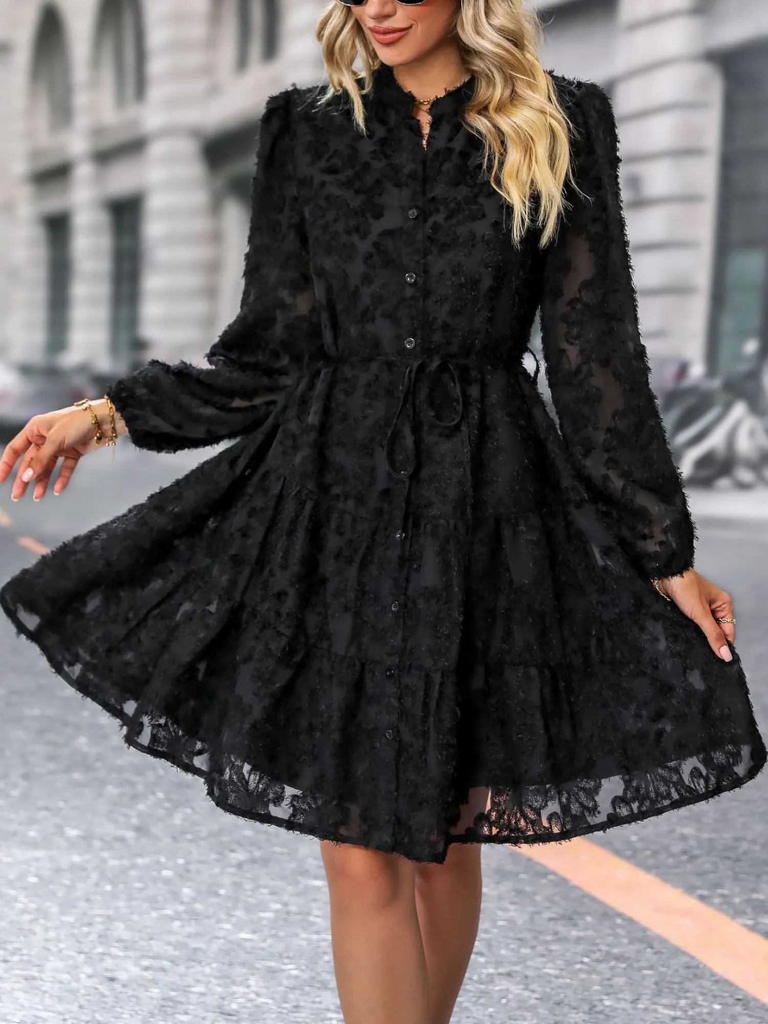 Long Sleeves Textured Button Down Tiered Shirt Dress sold by Allegra K product image thumbnail 5