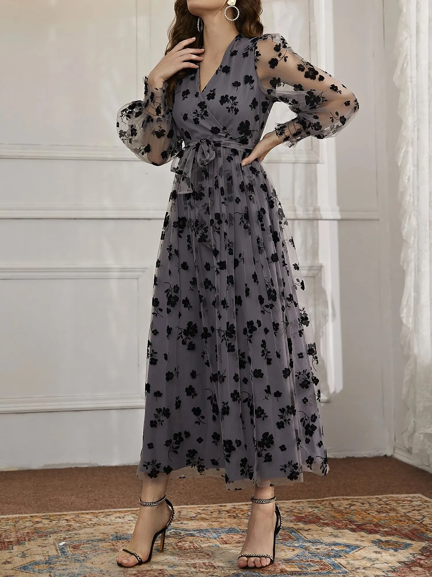 Lantern Sleeves Floral Mesh Lace-Up Maxi Dress sold by Allegra K product image thumbnail 5