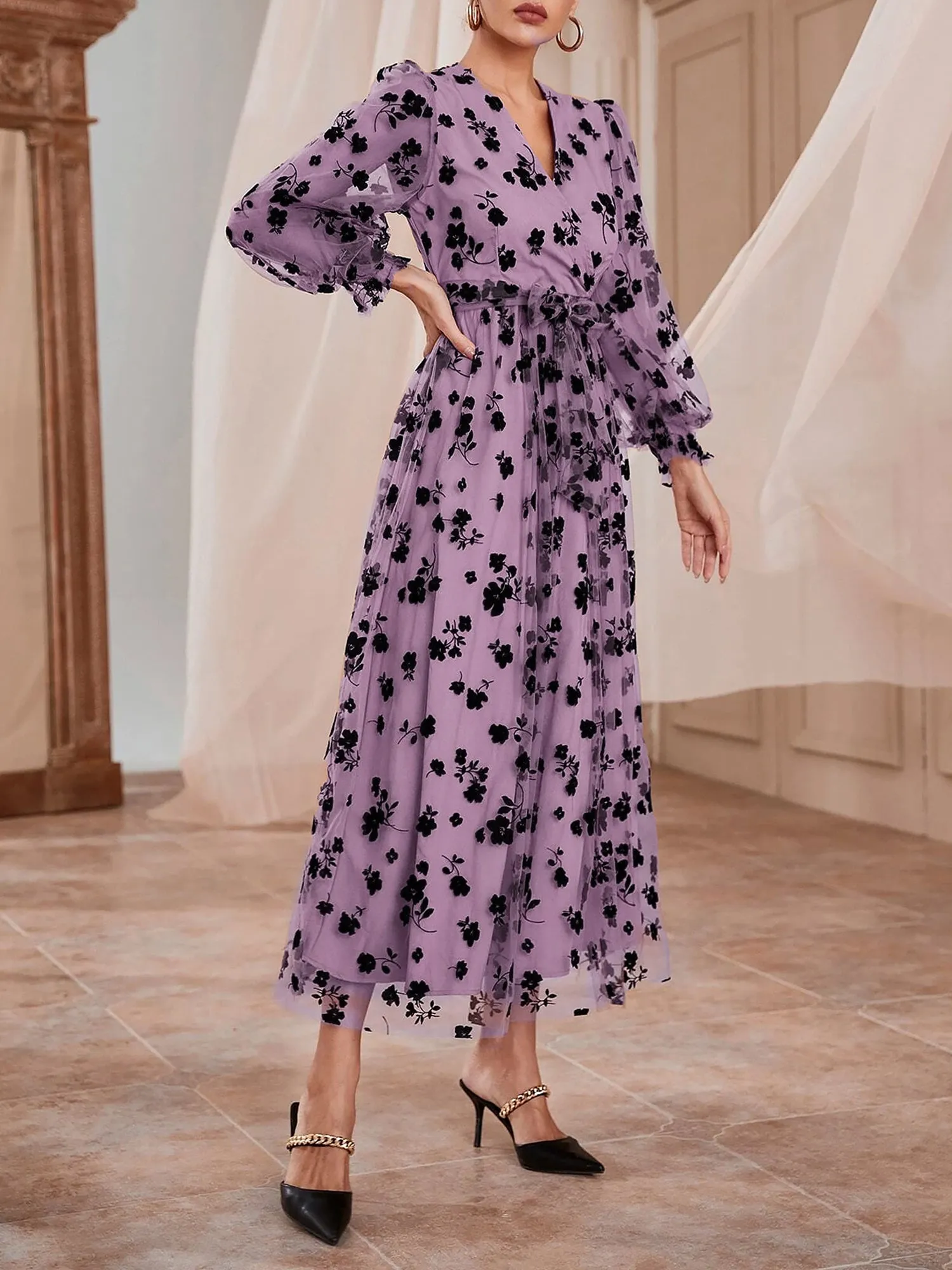 Lantern Sleeves Floral Mesh Lace-Up Maxi Dress sold by Allegra K product image thumbnail 3