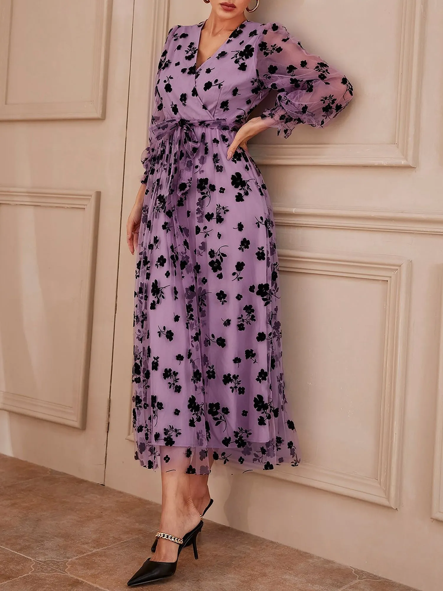 Lantern Sleeves Floral Mesh Lace-Up Maxi Dress sold by Allegra K