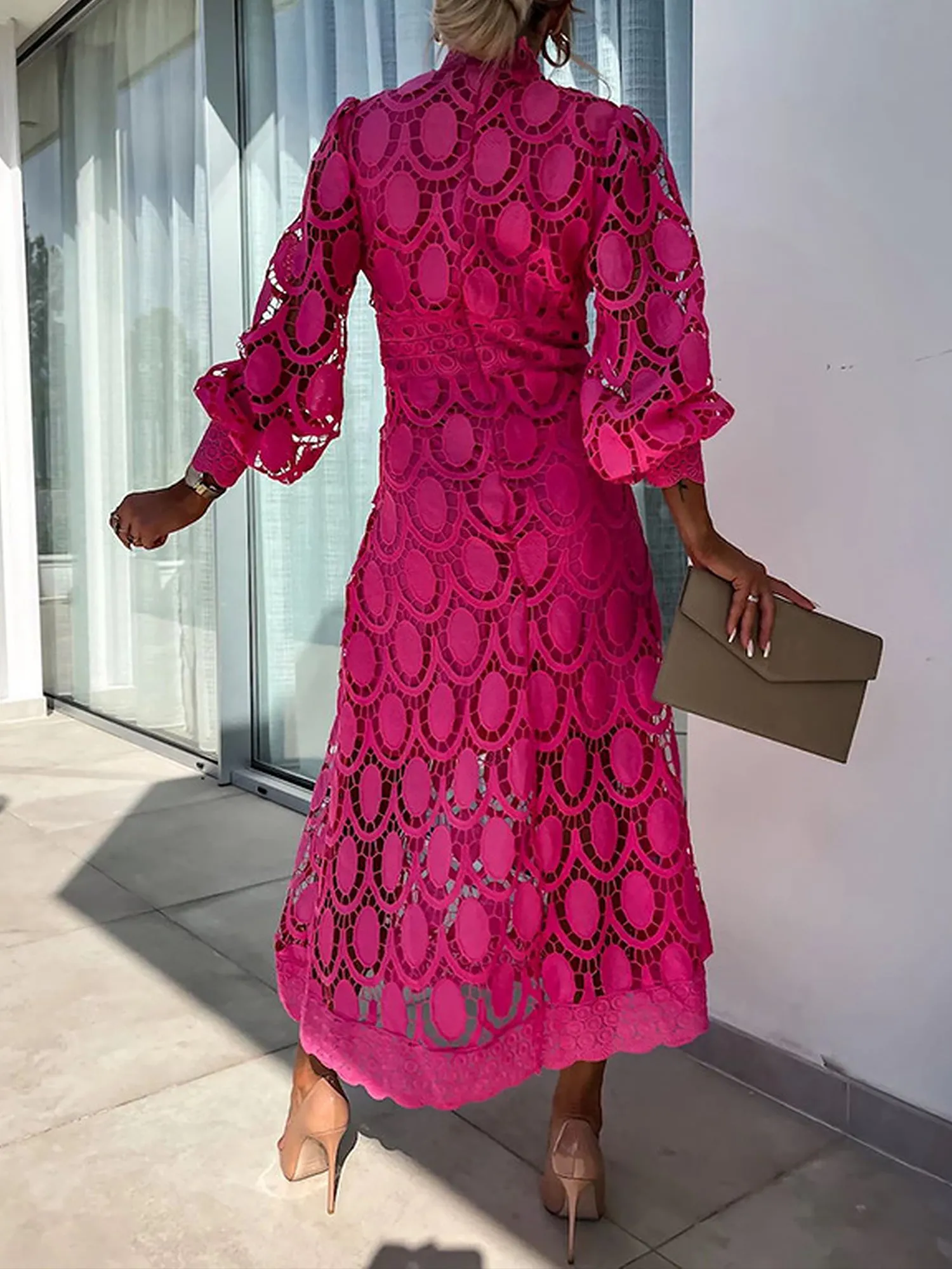 Elegant Boho Embroidered Mock Neck Long Sleeves Evening Maxi dDress with Eyelet sold by Allegra K product image thumbnail 4