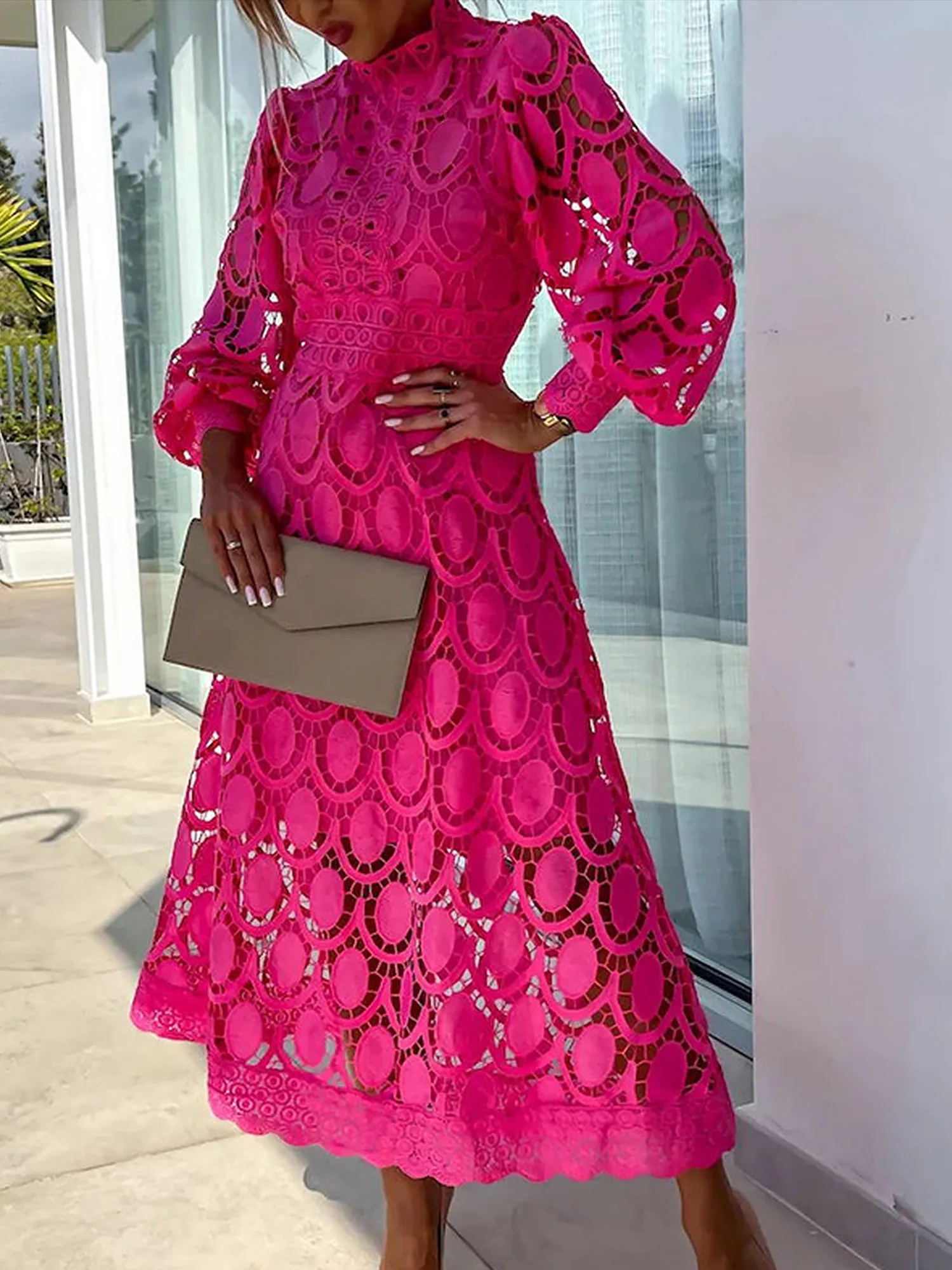 Elegant Boho Embroidered Mock Neck Long Sleeves Evening Maxi dDress with Eyelet sold by Allegra K