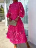 Elegant Boho Embroidered Mock Neck Long Sleeves Evening Maxi dDress with Eyelet sold by Allegra K