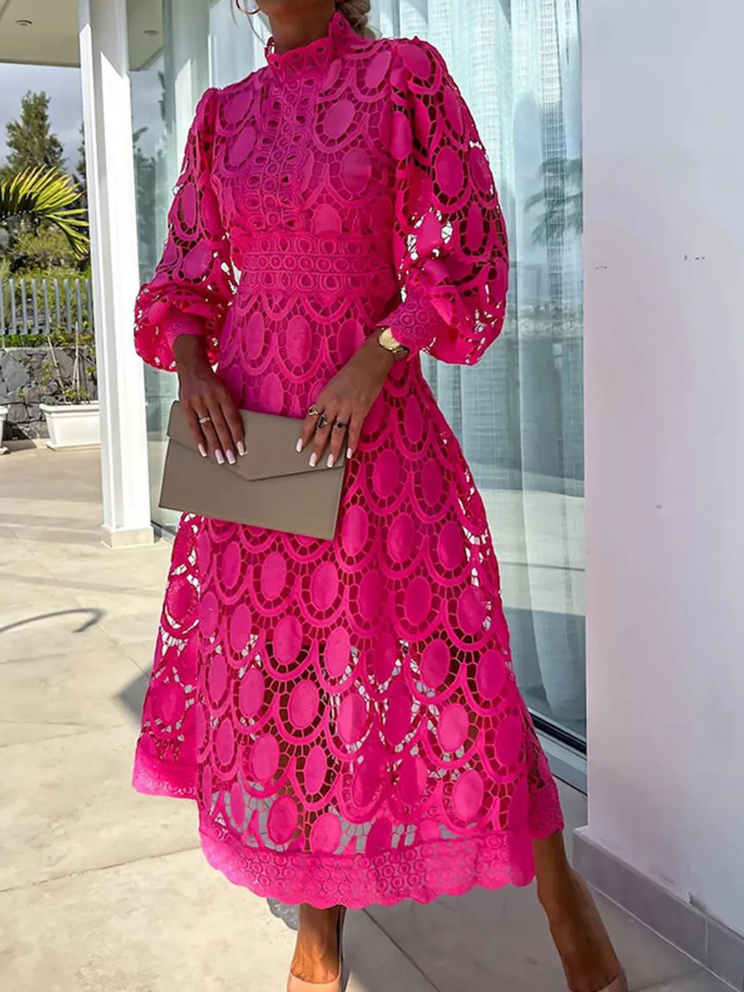 Elegant Boho Embroidered Mock Neck Long Sleeves Evening Maxi dDress with Eyelet sold by Allegra K product image thumbnail 5