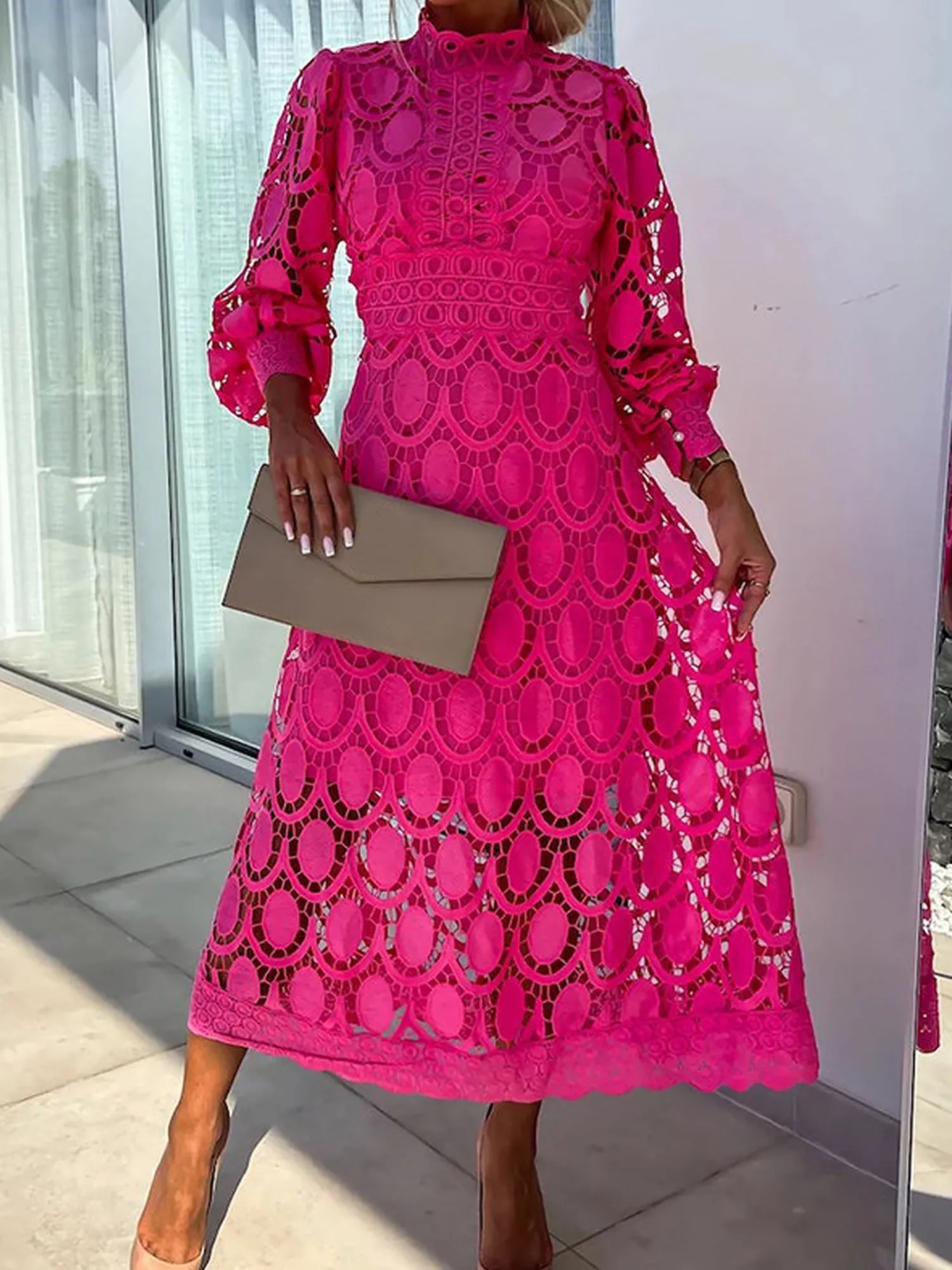 Elegant Boho Embroidered Mock Neck Long Sleeves Evening Maxi dDress with Eyelet sold by Allegra K product image thumbnail 2