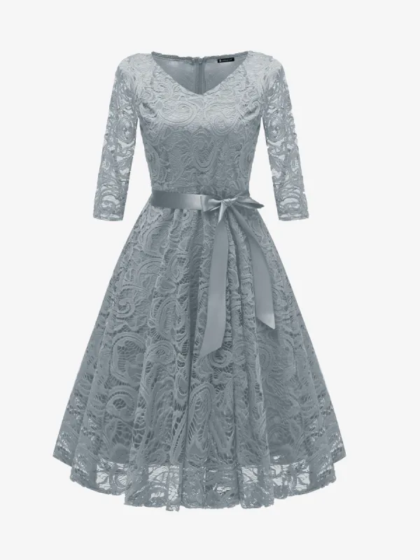 Lace Belted 3/4 Sleeves Solid Color A-Line Midi Dress sold by Allegra K