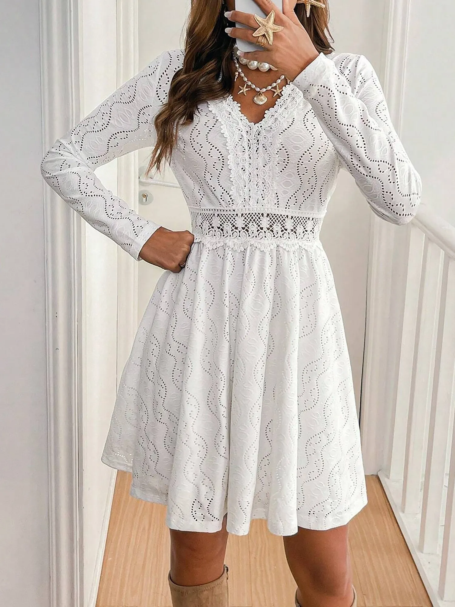 Solid Color Lace Eyelet Mini Dress Sundress sold by Allegra K product image thumbnail 2
