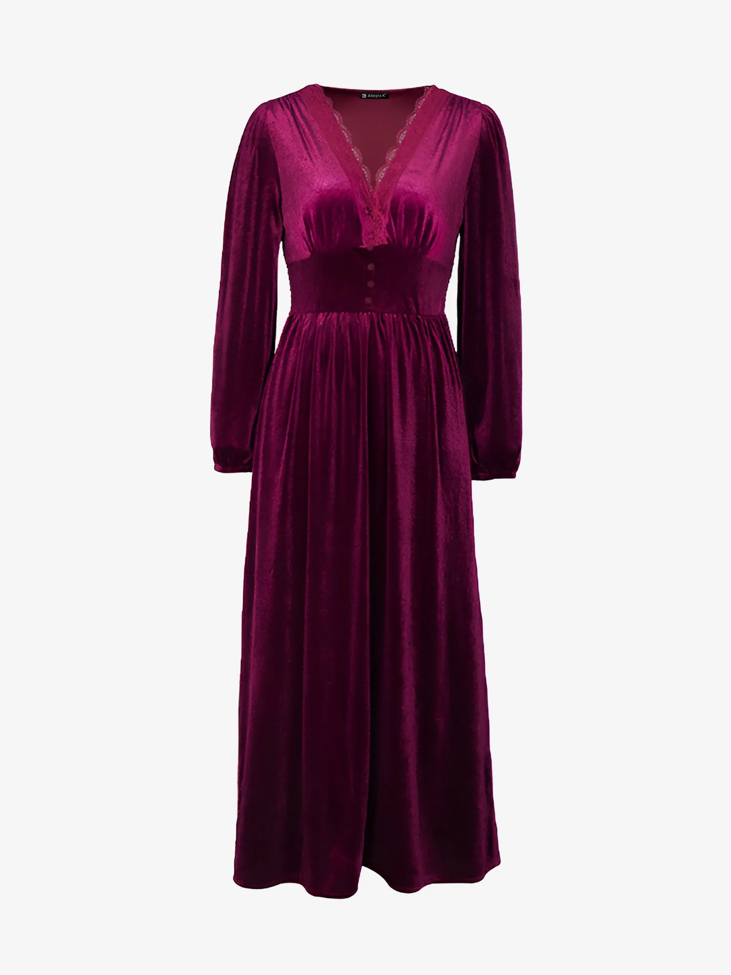 Lace Paneled Solid Color Velvet Long Sleeve Maxi Dress sold by Allegra K product image thumbnail 5