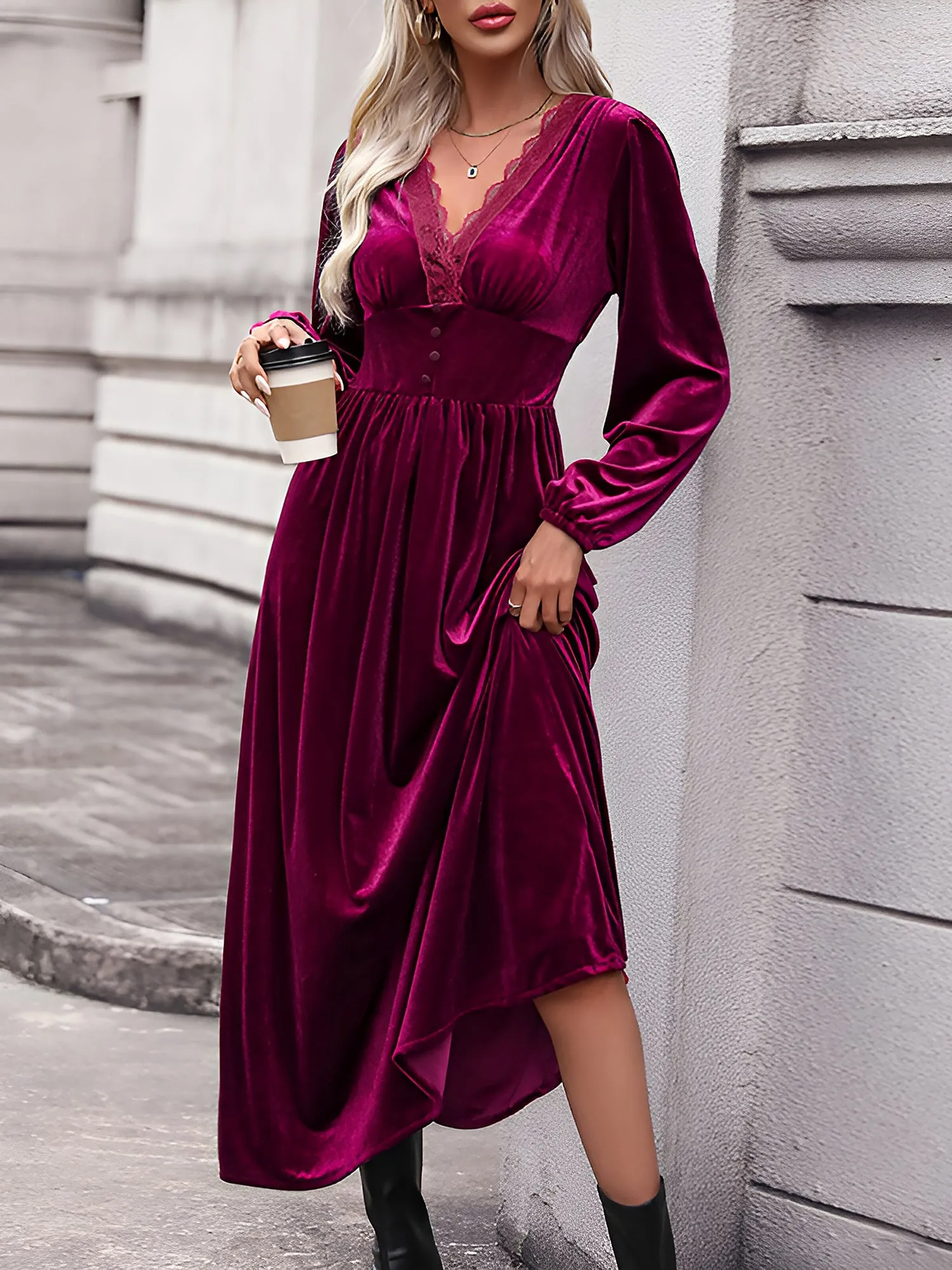 Lace Paneled Solid Color Velvet Long Sleeve Maxi Dress sold by Allegra K product image thumbnail 2