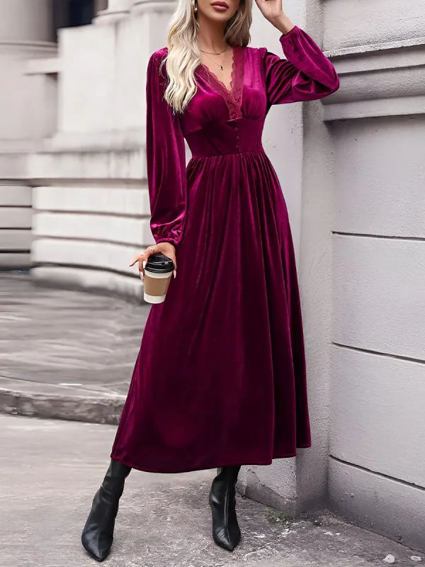 Lace Paneled Solid Color Velvet Long Sleeve Maxi Dress sold by Allegra K