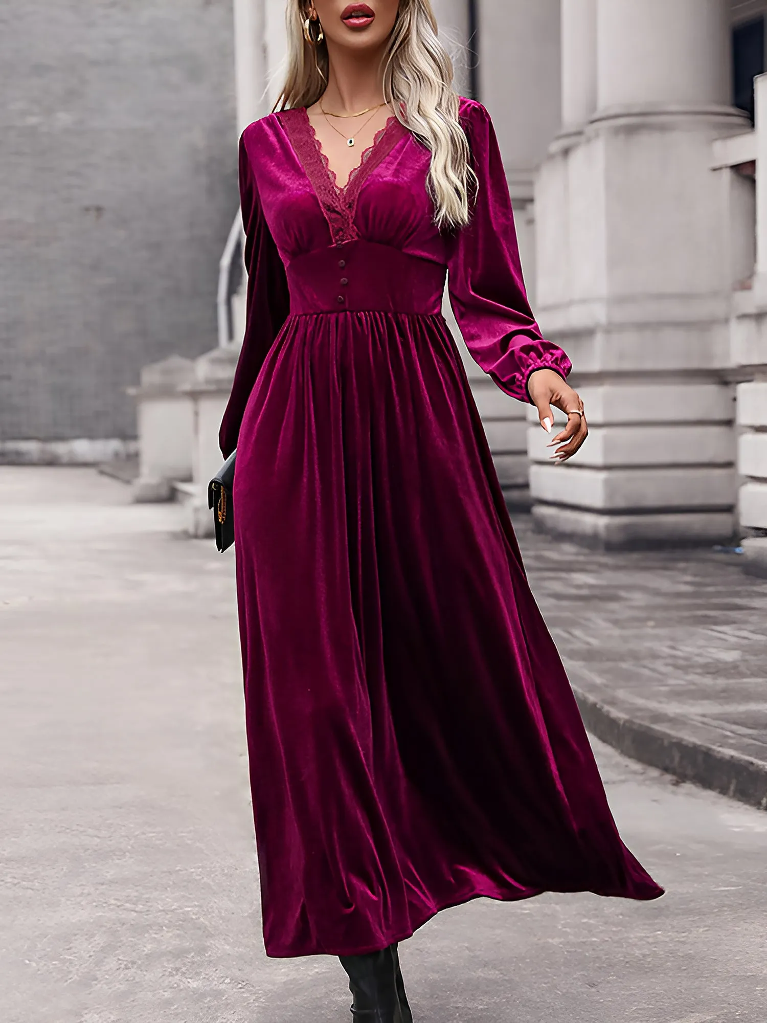 Lace Paneled Solid Color Velvet Long Sleeve Maxi Dress sold by Allegra K product image thumbnail 4