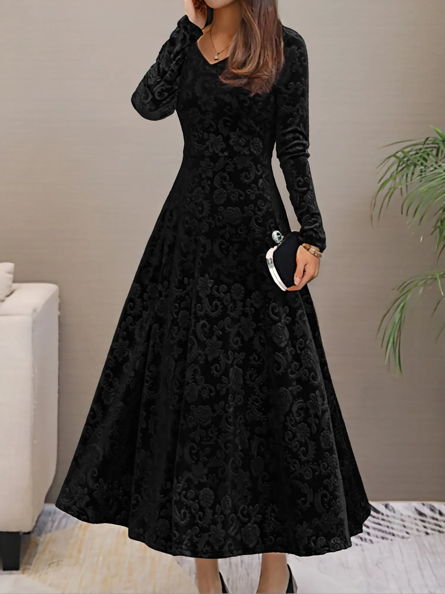 Elegant Vintage Velvet Floral V Neck Long Sleeves Maxi Dress sold by Allegra K product image thumbnail 3