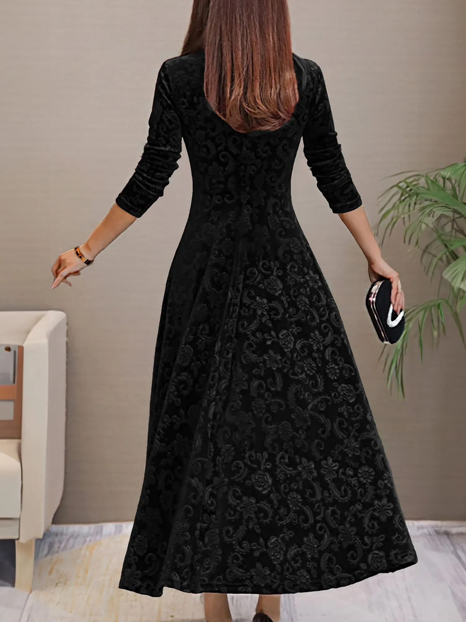 Elegant Vintage Velvet Floral V Neck Long Sleeves Maxi Dress sold by Allegra K product image thumbnail 5