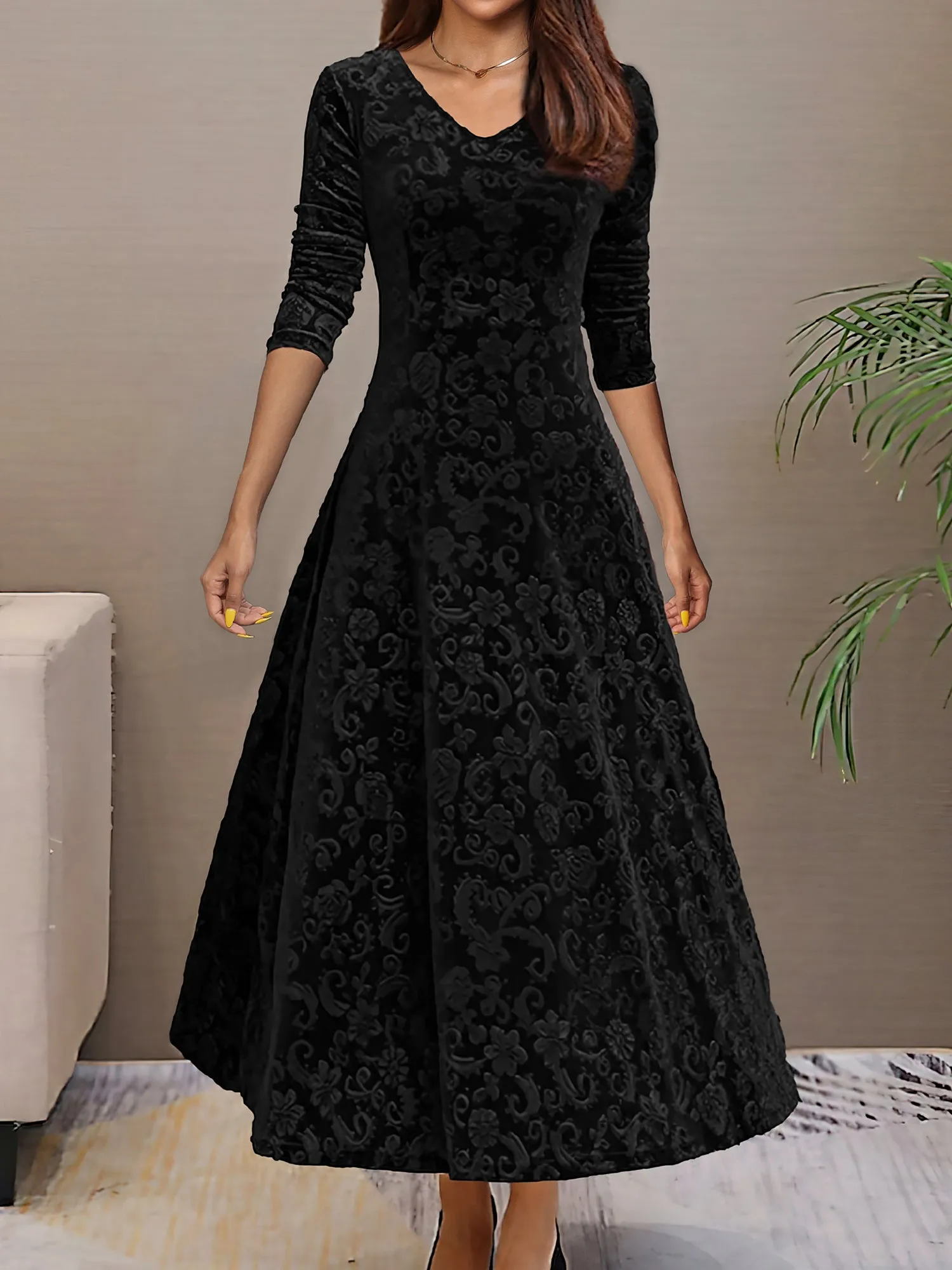 Elegant Vintage Velvet Floral V Neck Long Sleeves Maxi Dress sold by Allegra K product image thumbnail 2
