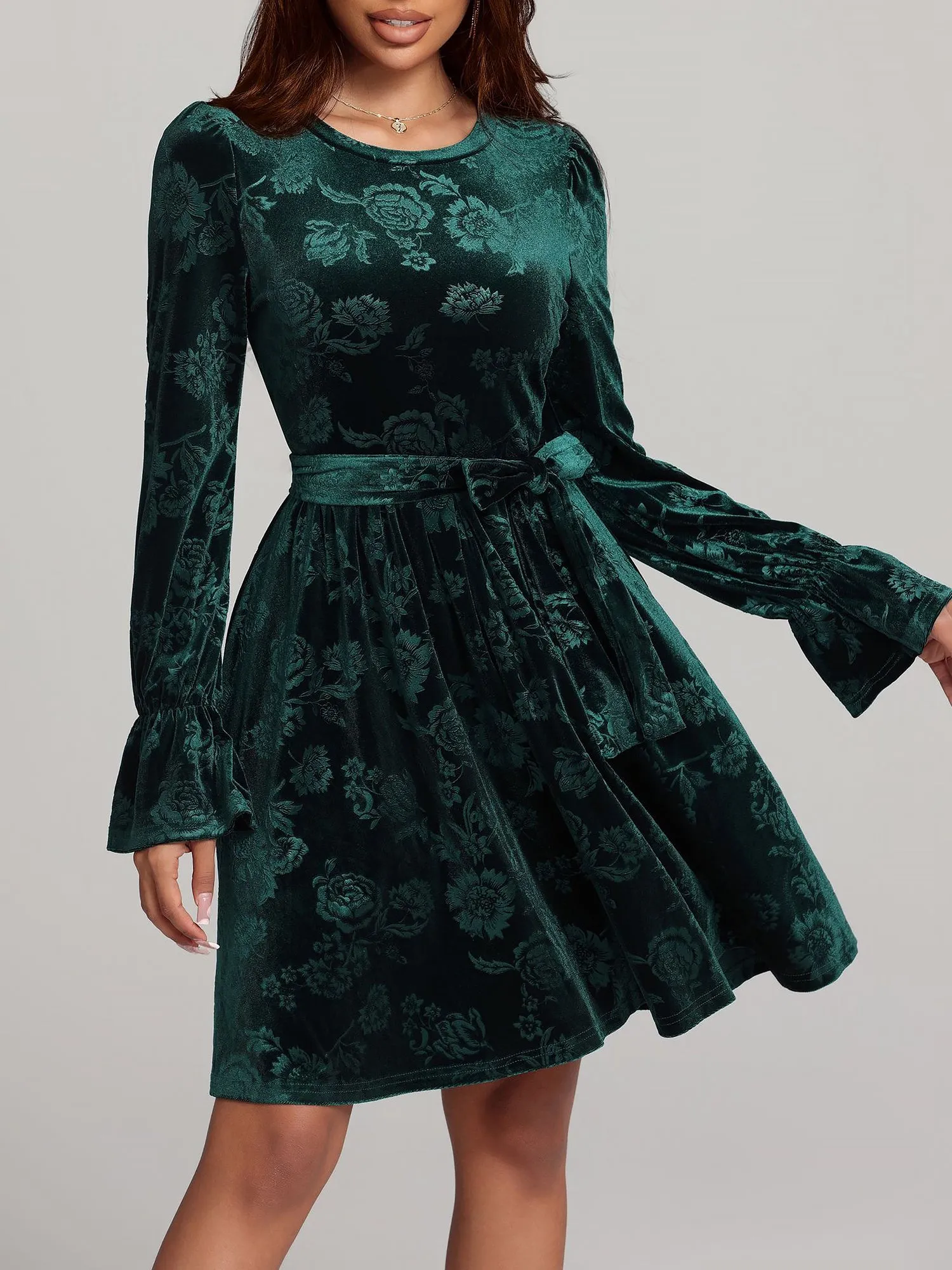 Floral Velvet Long Sleeves Belted Midi A-Line Dress sold by Allegra K product image thumbnail 5