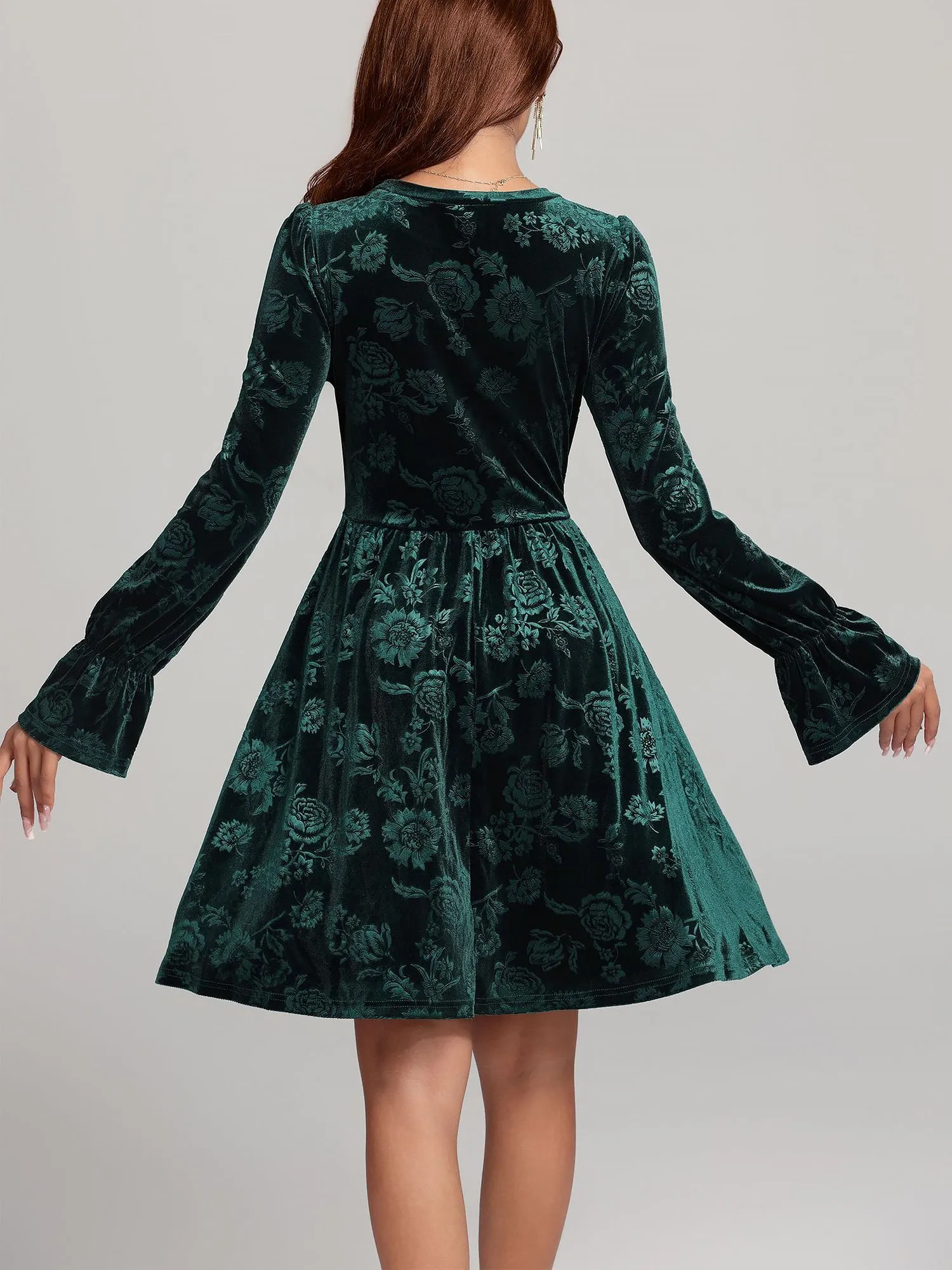 Floral Velvet Long Sleeves Belted Midi A-Line Dress sold by Allegra K product image thumbnail 4