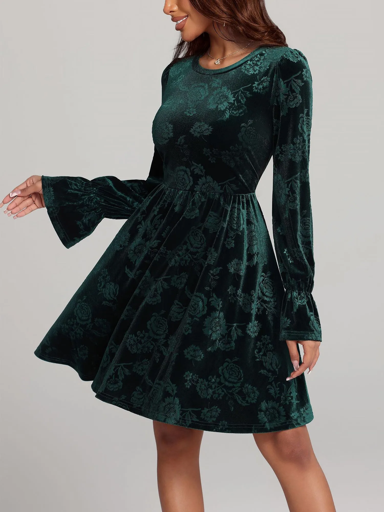 Floral Velvet Long Sleeves Belted Midi A-Line Dress sold by Allegra K product image thumbnail 3