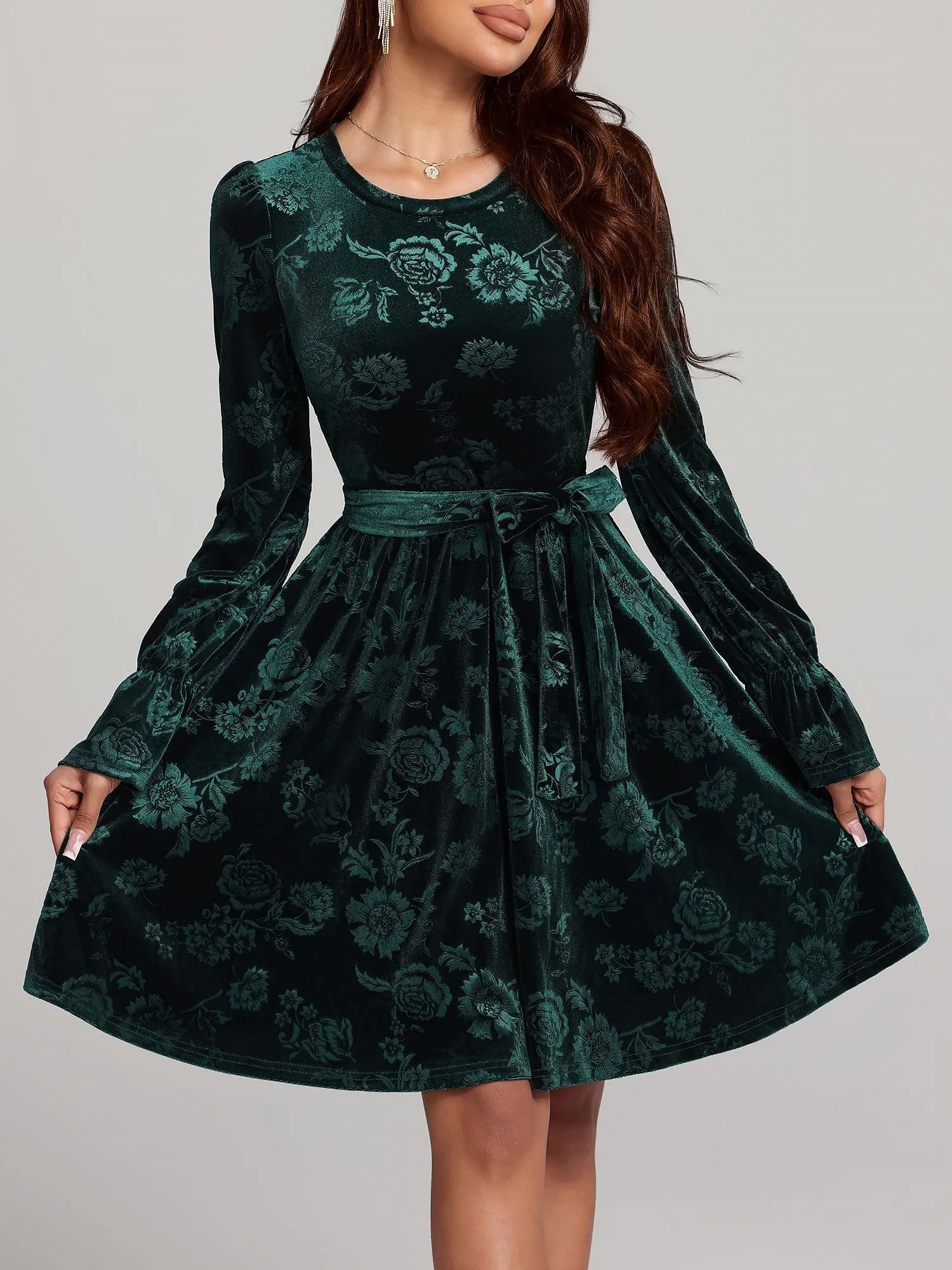 Floral Velvet Long Sleeves Belted Midi A-Line Dress sold by Allegra K