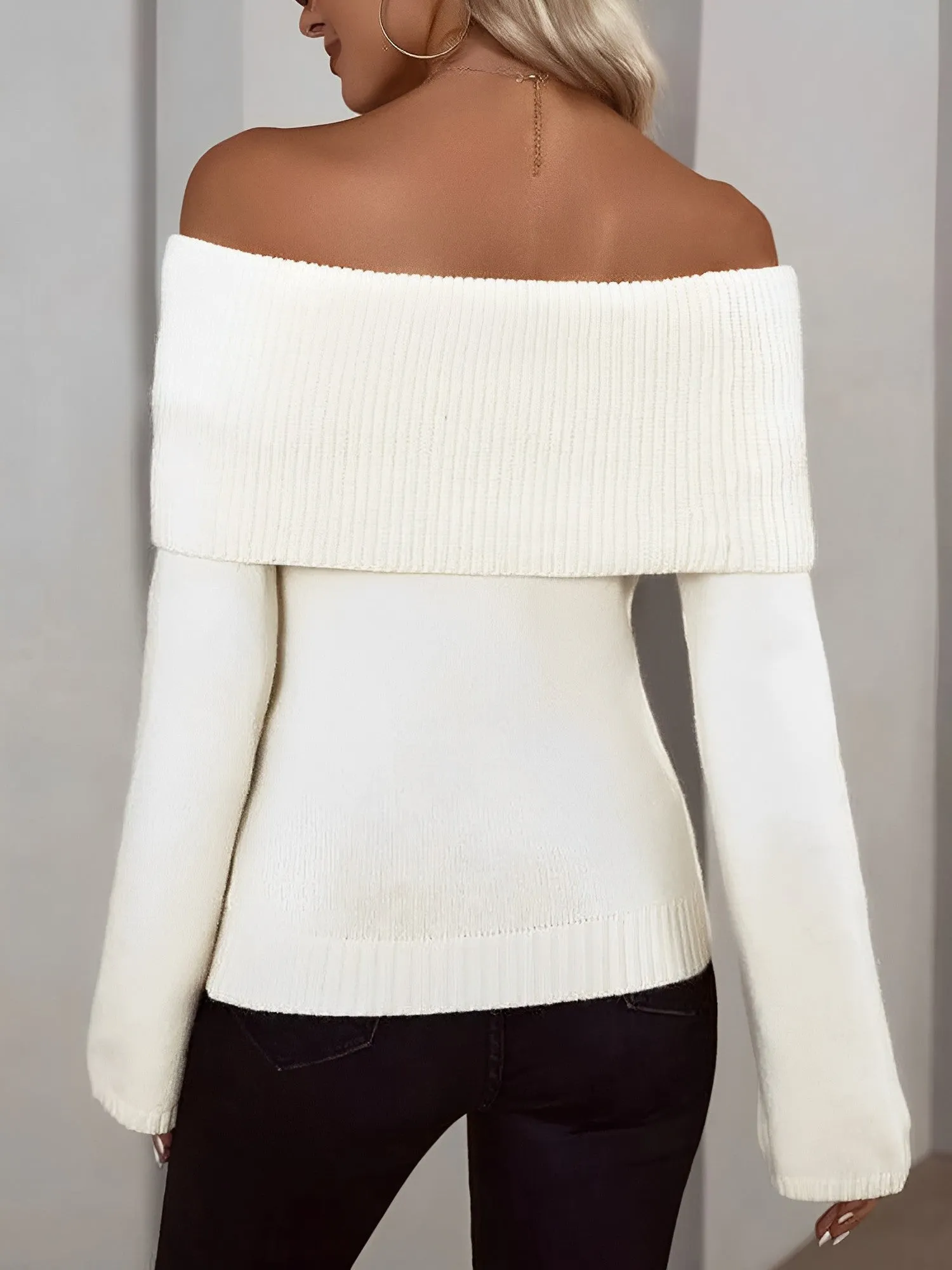 Solid Color Off Shoulder Long Sleeves Knitted Sweater sold by Allegra K product image thumbnail 4