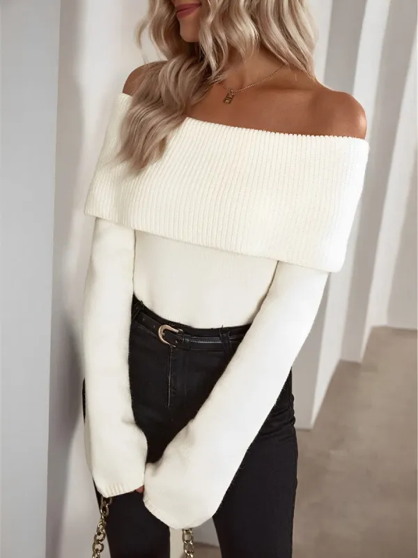 Solid Color Off Shoulder Long Sleeves Knitted Sweater sold by Allegra K