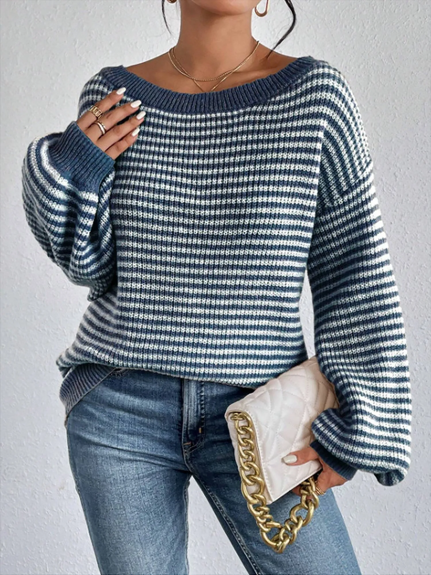 Striped Off Shoulder Long Sleeves Ribbed Knit Sweater sold by Allegra K product image thumbnail 2
