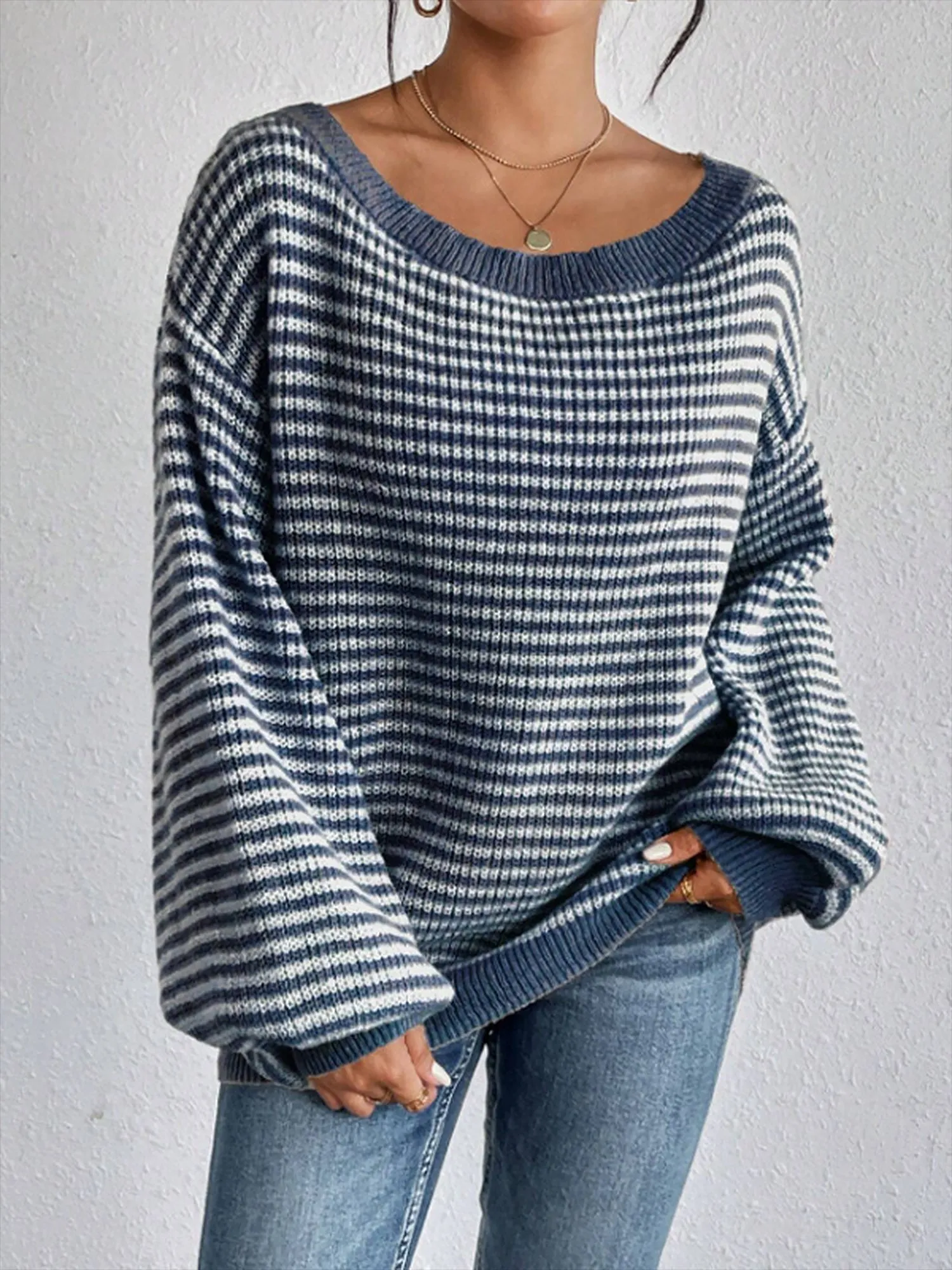 Striped Off Shoulder Long Sleeves Ribbed Knit Sweater sold by Allegra K product image thumbnail 5