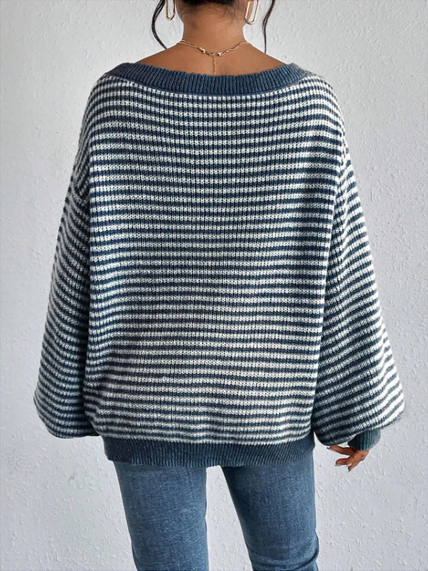 Striped Off Shoulder Long Sleeves Ribbed Knit Sweater sold by Allegra K product image thumbnail 4